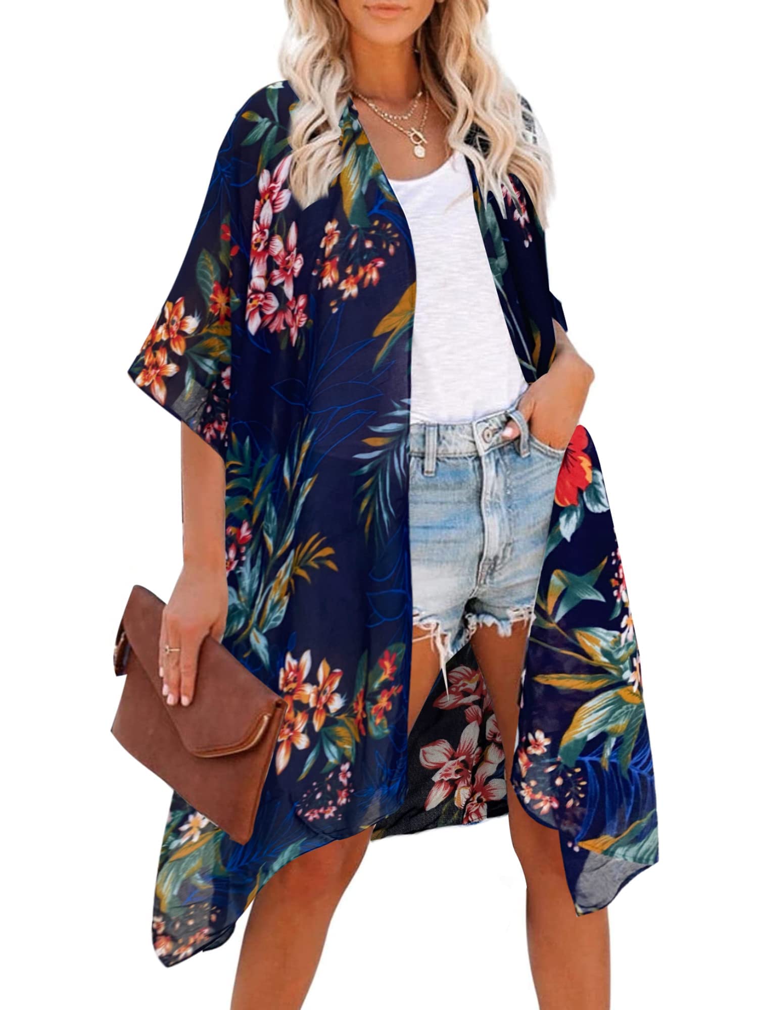 HIKARO Kimono de playa floral para mujer, cárdigan y bikini