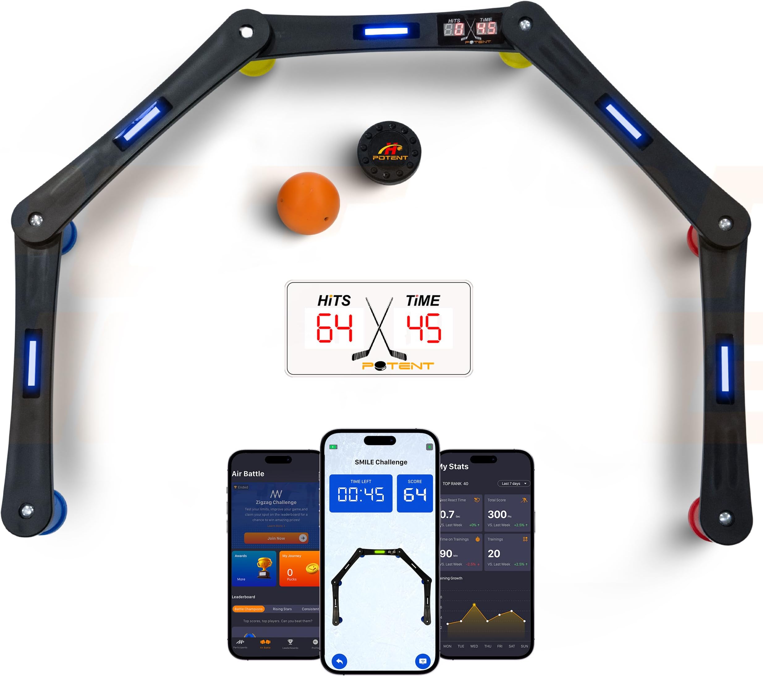 Potent Digital Stickhandling Trainer 2.0 – App-Enabled Hockey Training Aid | Real-Time Feedback, Scoreboard & Timer | Portable On/Off Ice Puck Handling & Reaction Drills