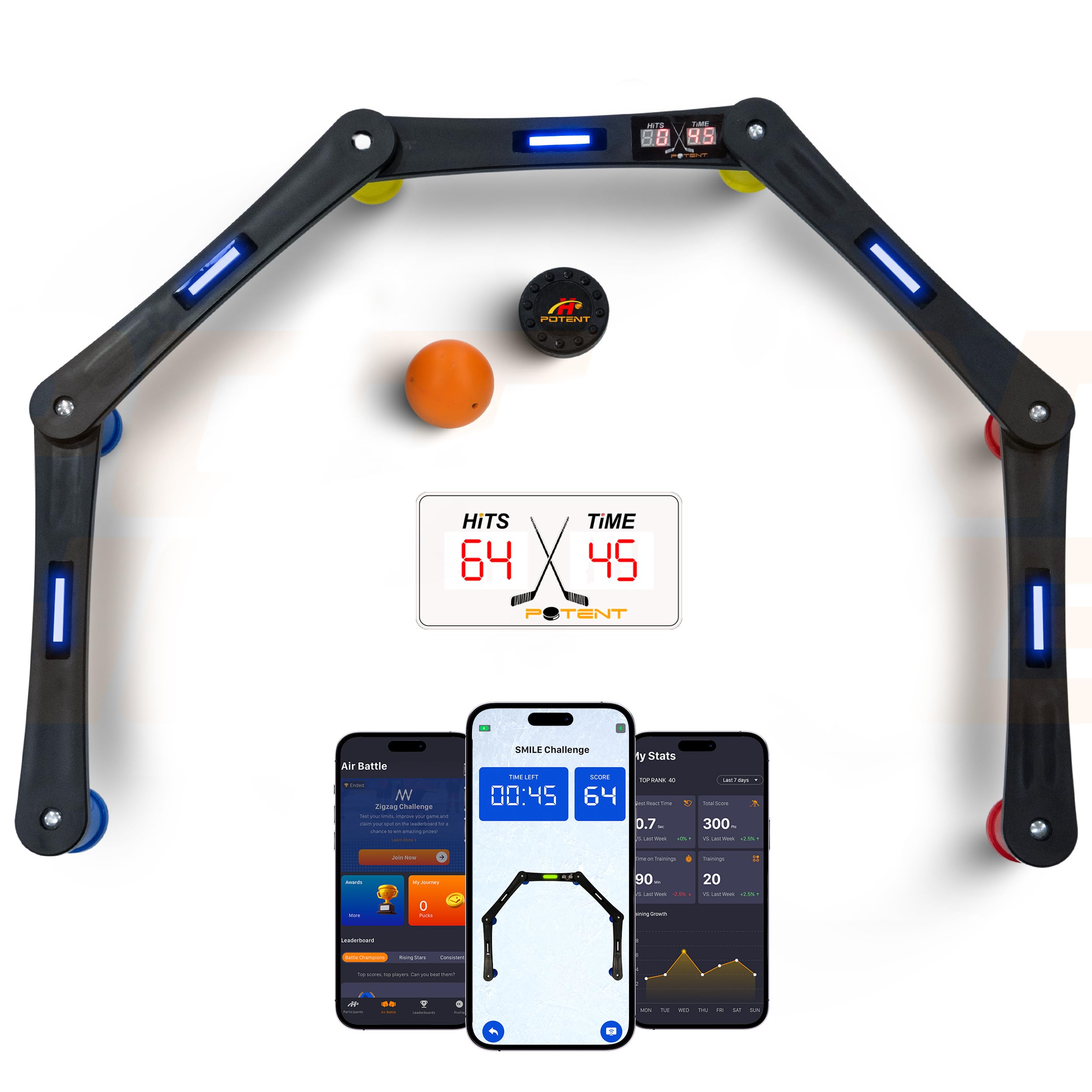 Potent Digital Stickhandling Trainer 2.0 – App-Enabled Hockey Training Aid | Real-Time Feedback, Scoreboard & Timer | Portable On/Off Ice Puck Handling & Reaction Drills