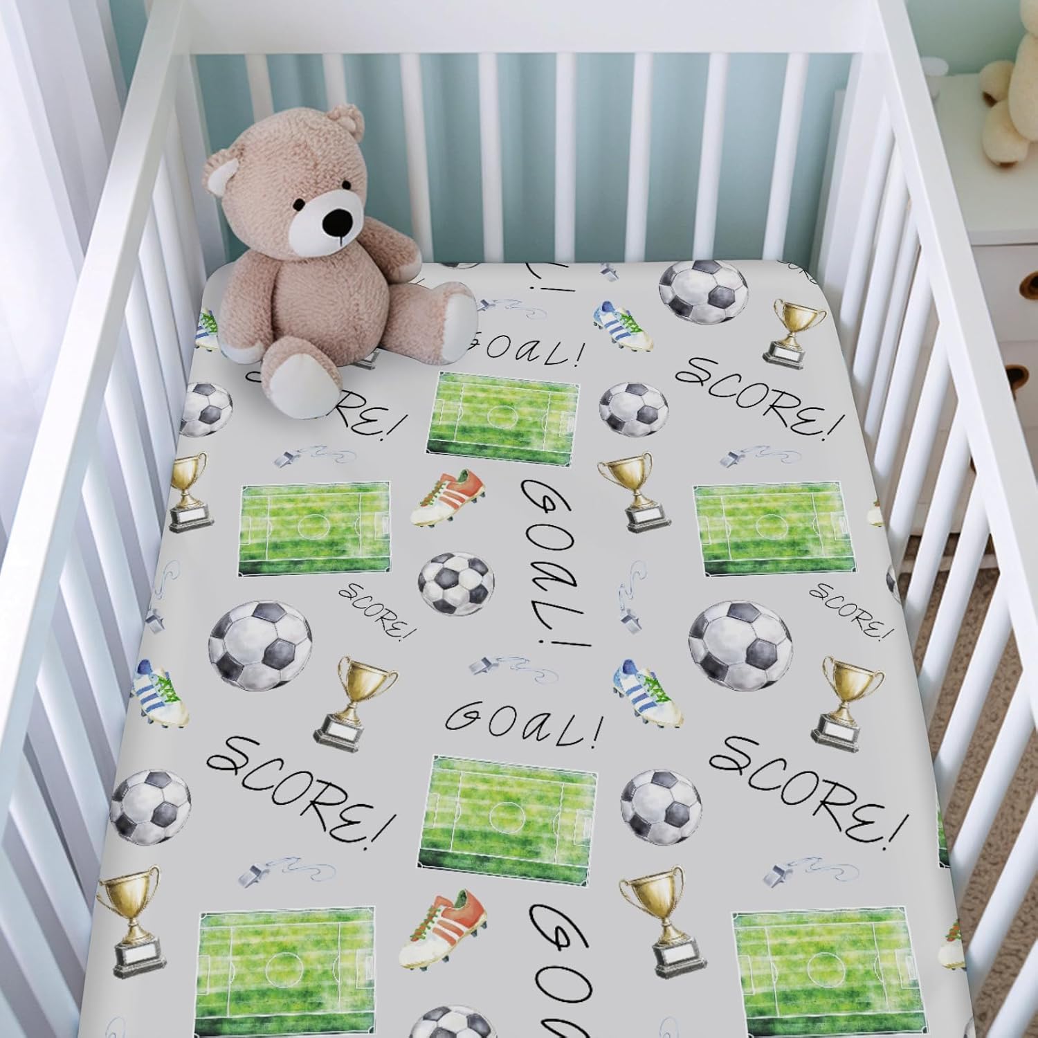 Soccer Baby Crib Sheets for Boy Girl 52"x28" Soccer Game Soft Crib Mattress Cover Soccer Balls Sports Stretchy Fitted Baby Sheets Sport Football Bed Sheets for Standard Crib and Toddler Mattress Pads