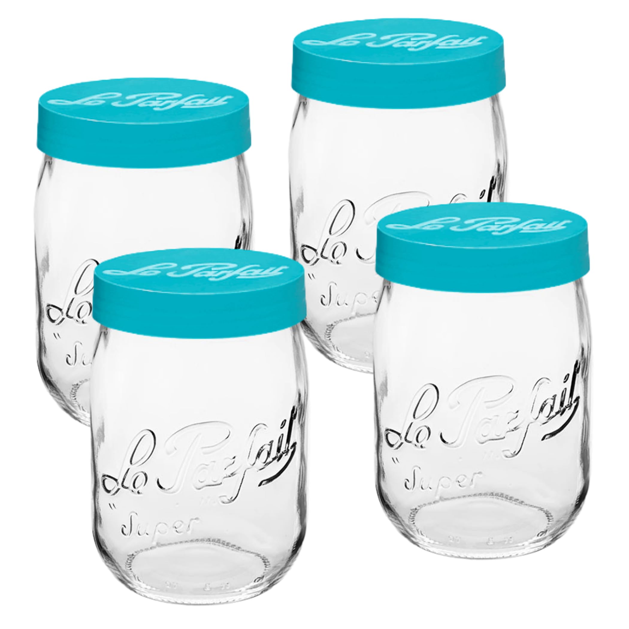 Le Parfait Französisches Glas mit Schraubverschluss, ideal für die Aufbewahrung von Lebensmitteln und Suppen, Konserven, Mehl, braunen Zucker und anderen Backutensilien (1 l, 4 Stück, Blaugrün)