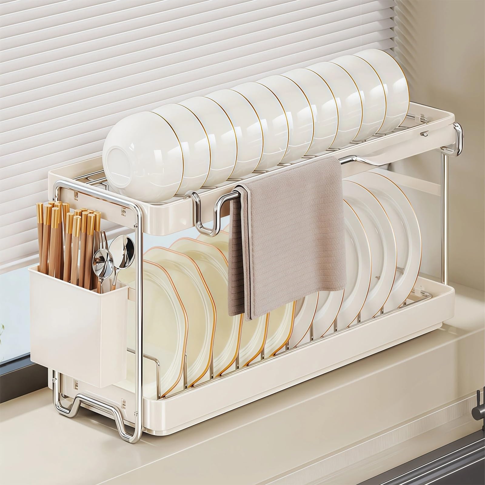 Escurridor de Platos de 2 Niveles para Encimera de Cocina con Bandeja | Acero Inoxidable, Diseño de 2 Niveles, Bandeja de Goteo, Organizador Compacto(37cm/14.5in)