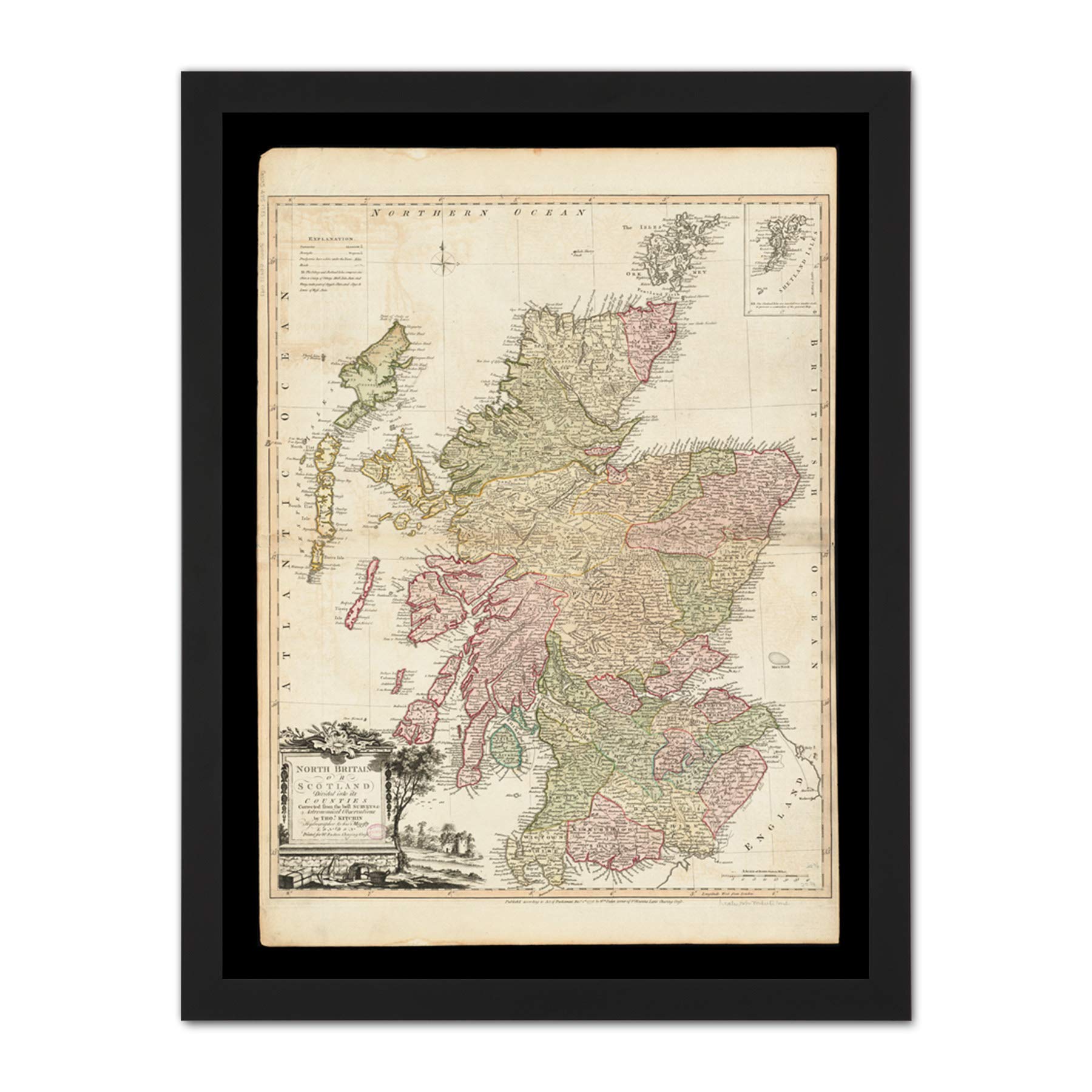Kitchin 1778 Map Scotland Counties North Britain Artwork Framed Wall Art Print 18X24 Inch