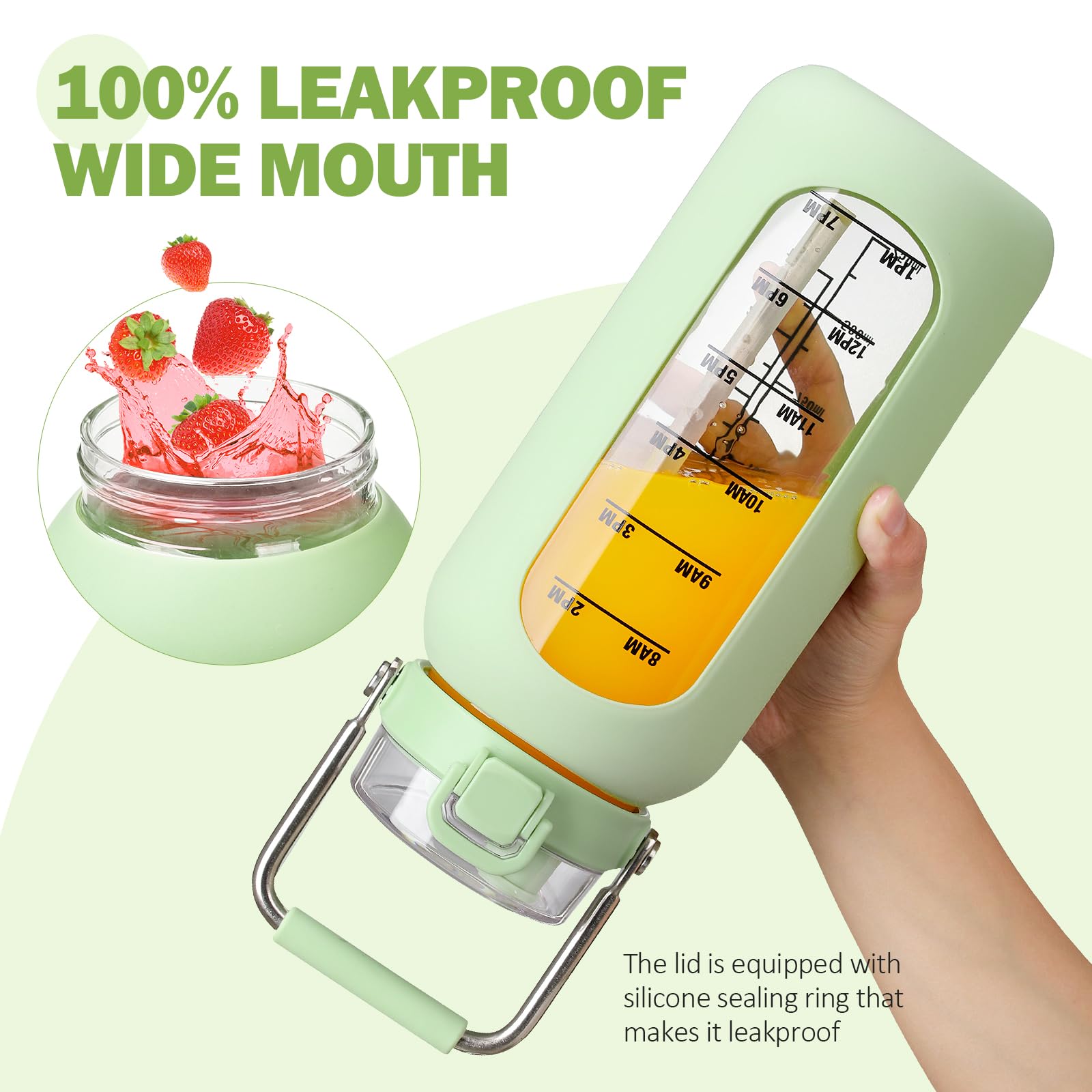 BLUEGO 2L Bottiglia d'acqua in vetro con manico in acciaio inox, manicotto in silicone e cannuccia per palestra, ufficio e sport all'aperto, senza BPA, Verde chiaro