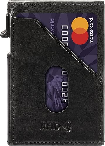 Tony Perotti Cartera de piel italiana de acceso rápido para hombre, cartera delgada RFID con deslizador para tarjetas emergentes y bolsillo para