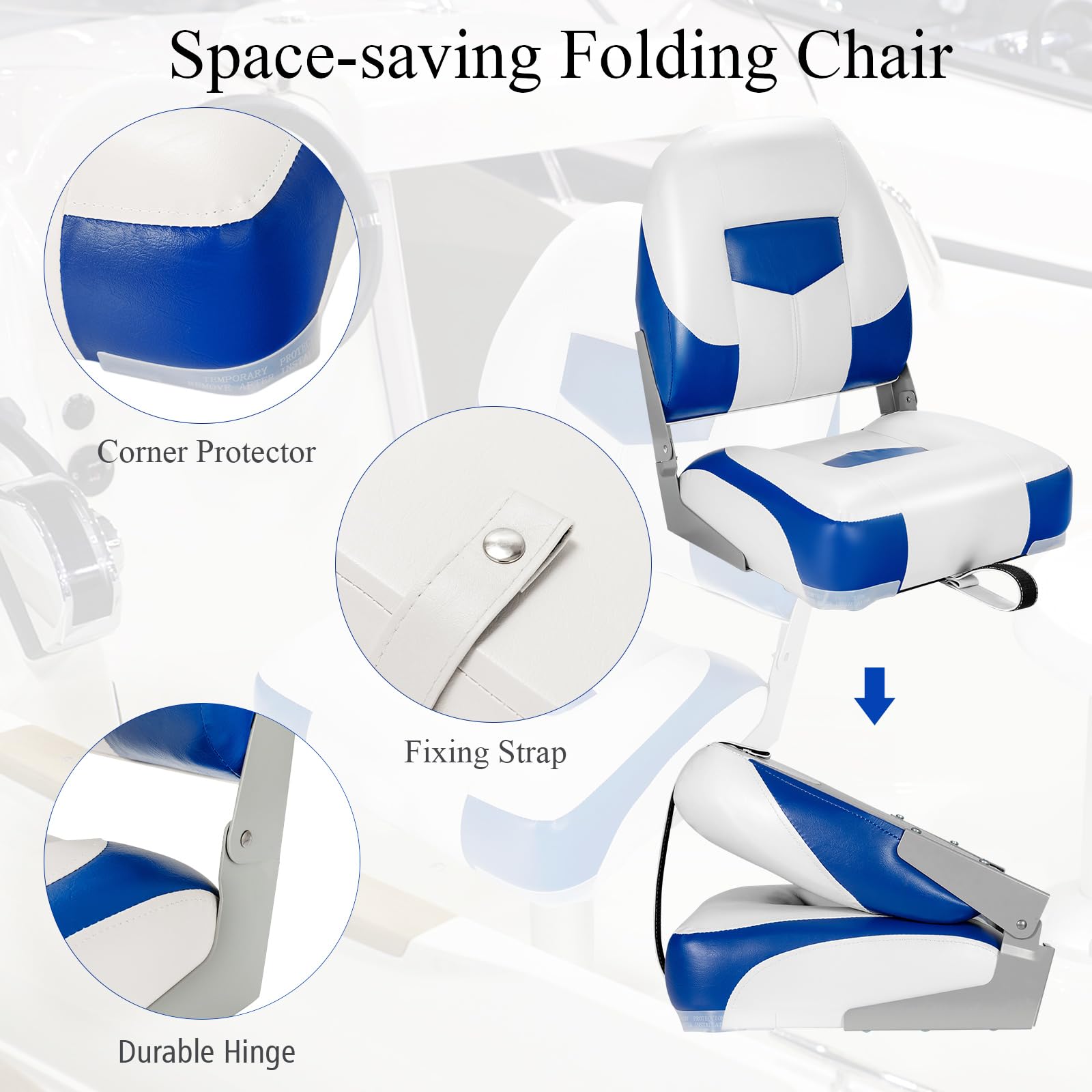 HOMASIS Juego de 2 asientos de barco plegables, Silla de barco con acolchado de esponja, Asiento yate ergonómicos con correas y tornillos de fijación, barco para pescar, pilotaje, 50x42x52cm (Azul)