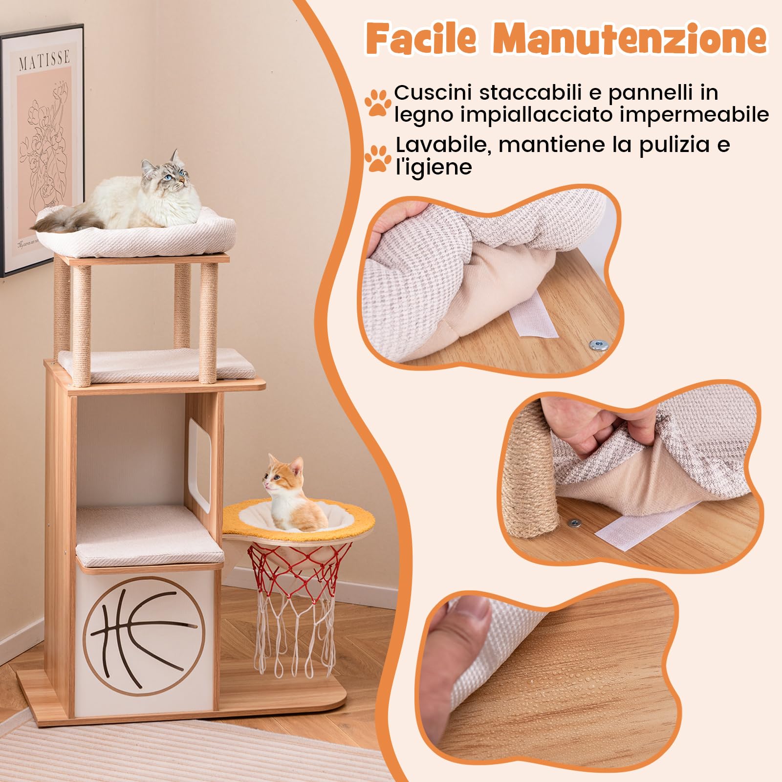 COSTWAY Tiragraffi in Legno 120cm, Torre con Graffiare in Sisal per Gatti a Tema Sportivo con 2 Piani, 2 Posatoi, Amaca e Cuscini Imbottiti, Mobile per Animali Domestici, Naturale