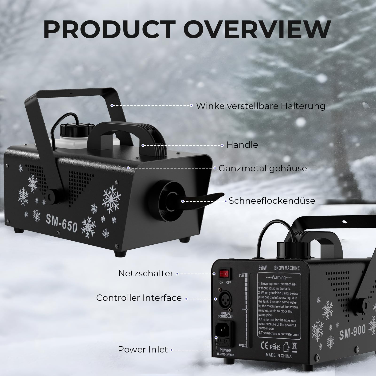 Kunstschneemaschine 600 Watt mit Fernbedienung – Schneekanone für drinnen und draußen mit 6 LED-Leuchten – Ideales Winter- und Partyschneegerät