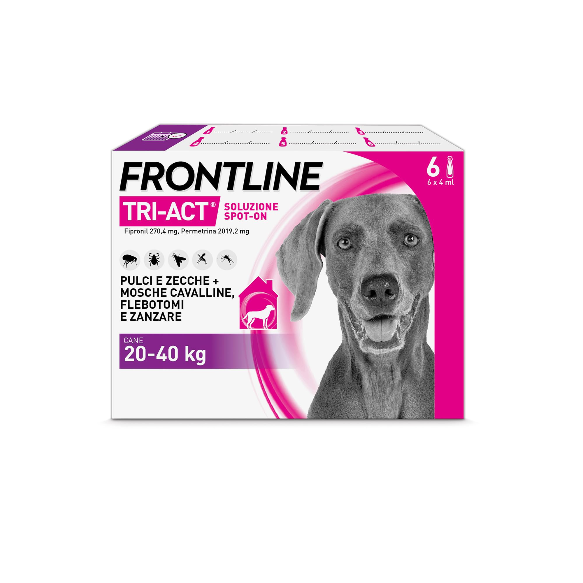 Frontline Triact, 6 Pipette, Cane L (20-40Kg), Antiparassitario Per Cani E Cuccioli Di Lunga Durata, Protegge Il Cane Da Pulci, Zecche, Zanzare, Pappataci E Leishmaniosi, Antipulci 6 Pipette