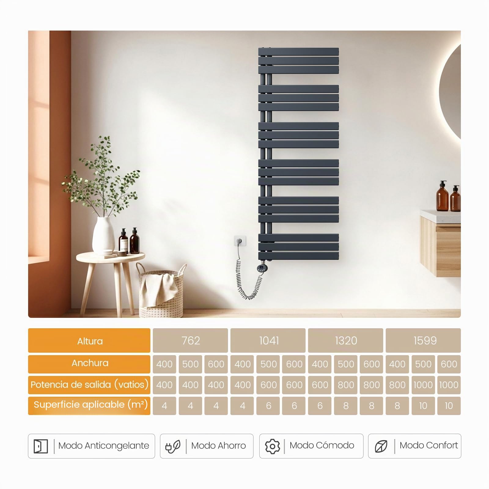 EMKE Radiador Toallero Eléctrico con WiFi Termostato 104x40 cm, Antracita | Toallero Eléctrico de Bajo Consumo, Resistencia Calefactora con Temporizador,Calienta Toallas,Secatoallas,400W