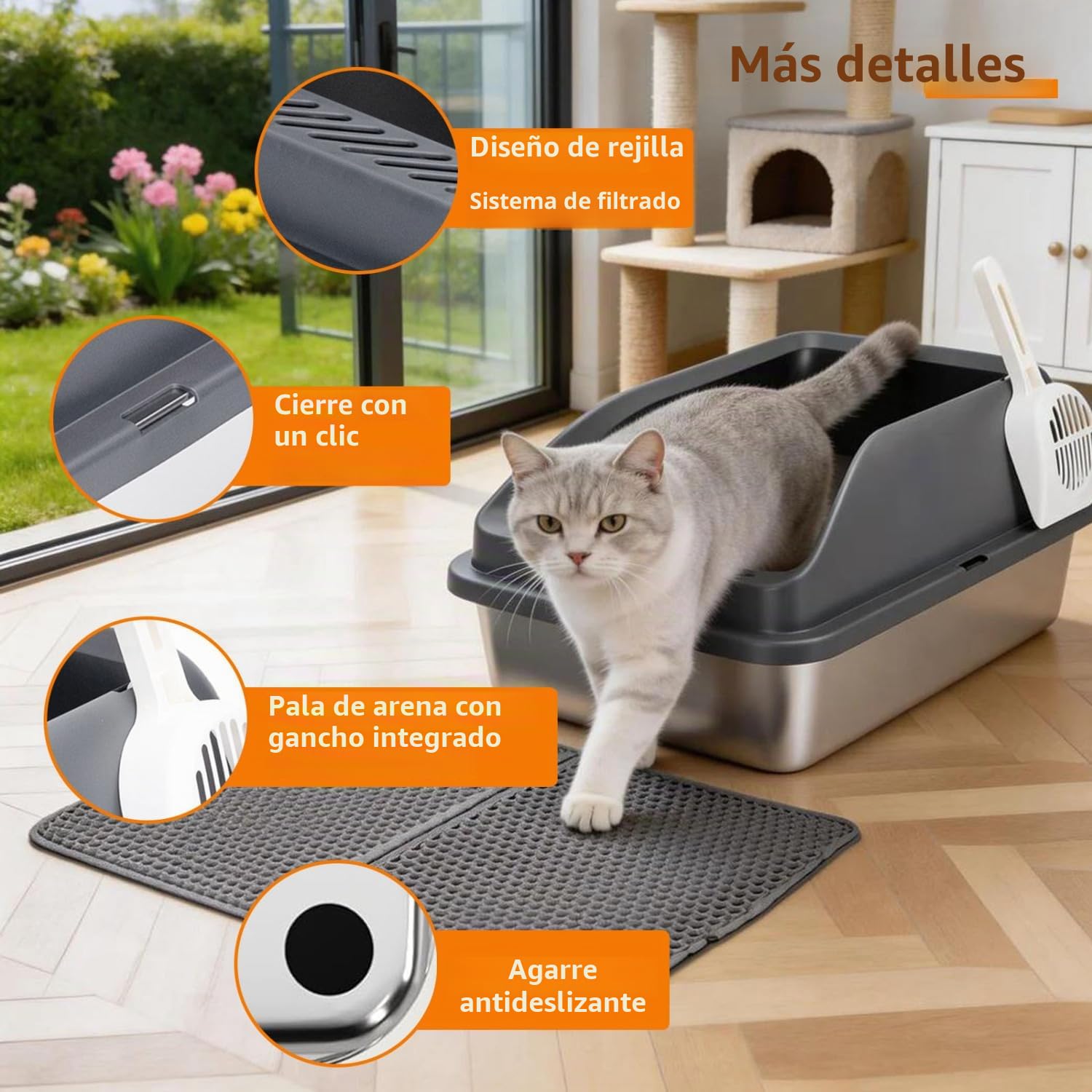Nobleza 2 x Arenero de Acero Inoxidable para Gatos con Pared Alta， Diseño Anti-Salpicaduras， Kit Completo con Alfombra de Nido de Abeja y Pala， 61 * 40.5 * 31cm， Plata/Gris