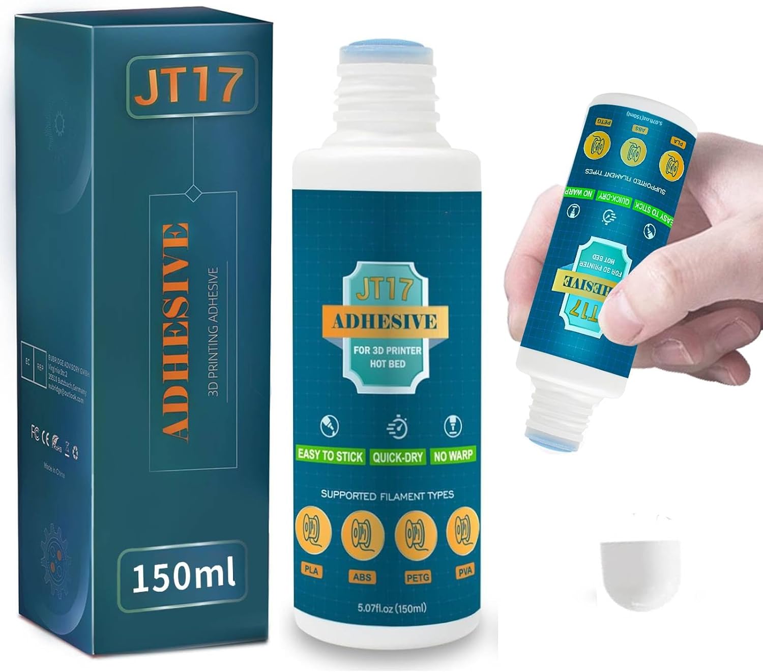 3D Printer Adhesive Glue,150 ml Orignal 3D Printer Glue for Hot Bed,Reduces Warping for ABS, ASA, PLA,TPU, and PETG Filament on Heated Build Plates,Easy to Apply & Remove,5.07 fl.oz