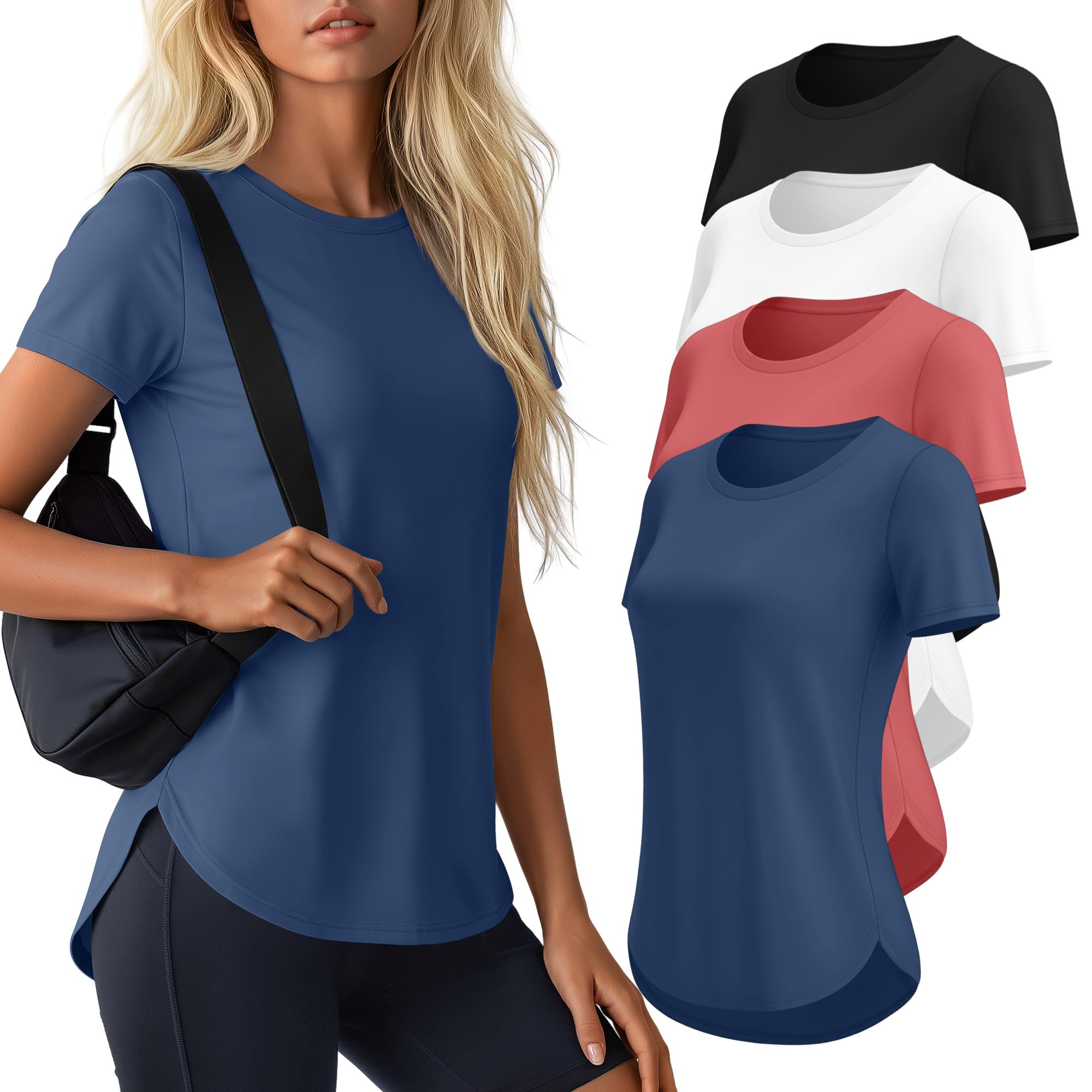Photo 1 of Locoowai 4 Pack Women's Workout Shirts UPF 50+ Athletic Breathable Short Sleeve Tops Quick Dry Split Hem Running Gym Yoga Tee(X-Large,Black, White, Coral Pink, Royal Blue)
