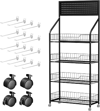 5-Tier Candy Display Rack, Upgraded Snack Storage Shelf with 15 Hooks and Wheels, Snack Organizer for Countertop, Kitchen and Stores, Chip Rack Organizer for Supermarket Black Four Layer