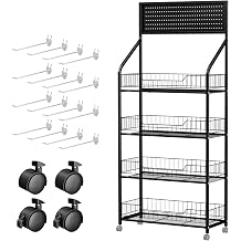 5-Tier Candy Display Rack, Upgraded Snack Storage Shelf with 15 Hooks and Wheels, Snack Organizer for Countertop, Kitchen and Stores, Chip Rack Organizer for Supermarket Black Four Layer