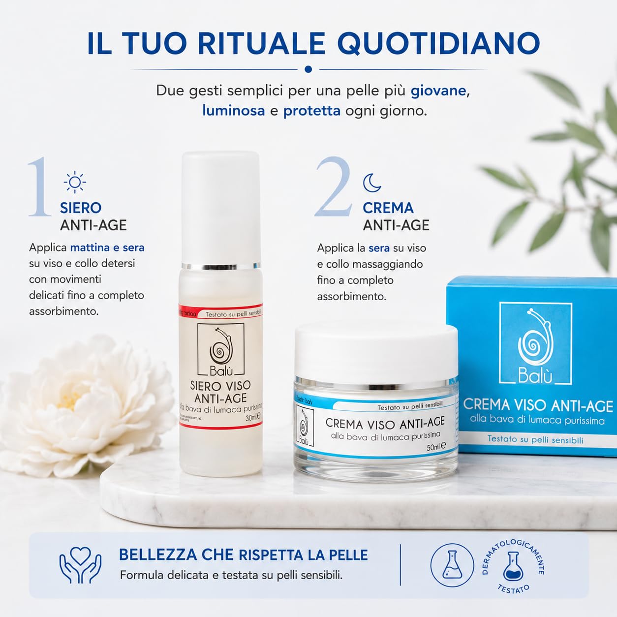 BALÙ Crema Viso Anti-Age alla Bava di Lumaca Purissima – Nutriente e Idratante per Pelle Secca e Matura, con Sodio Ialuronato, Avocado e Karité – Made in Italy, 50 ml