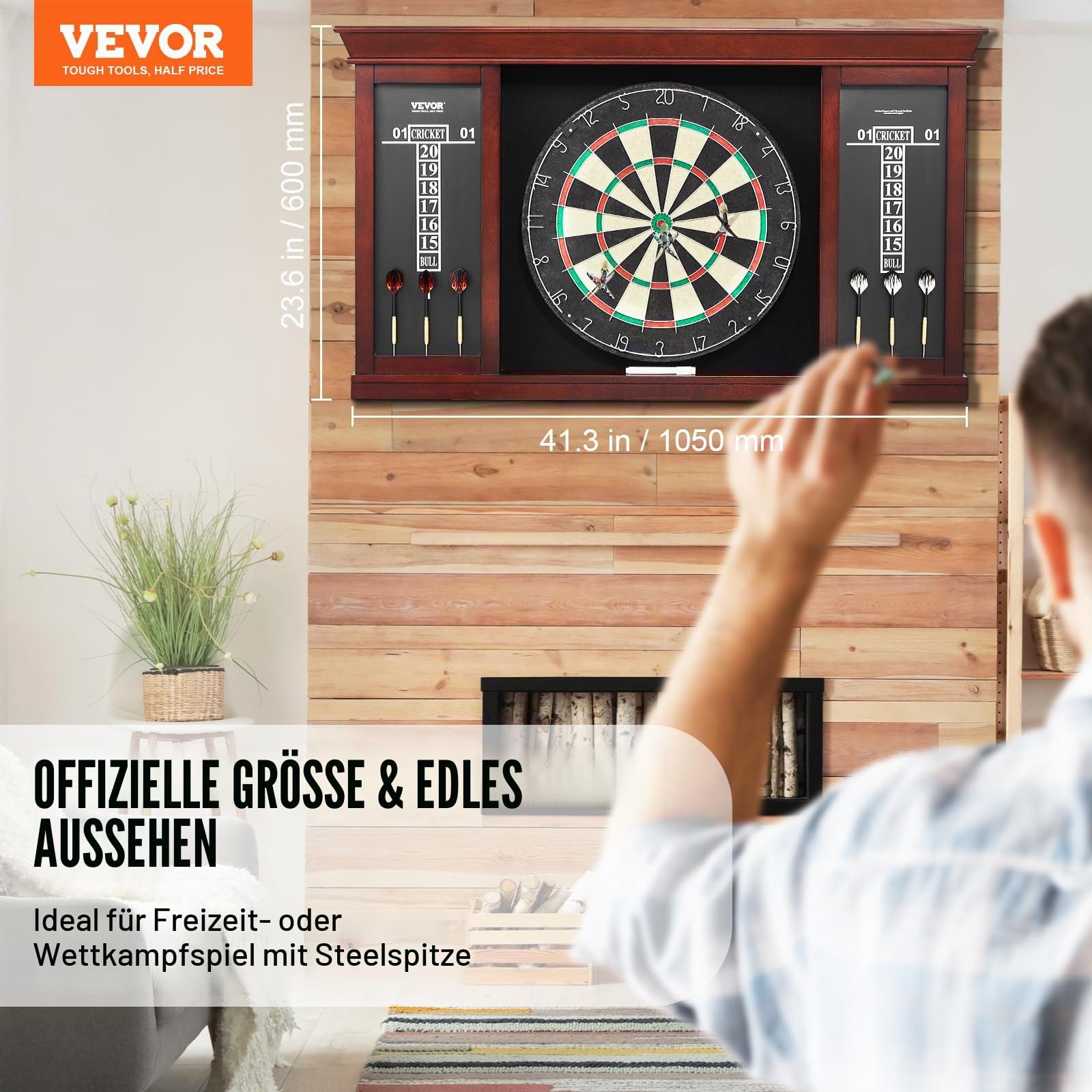 VEVOR Dartboard spielbereites Paket, Dartboard-Schrankset in offizieller Größe, Dartscheibe 45 x 3,8 cm, Dartschrank mit Stahlspitze, komplett mit sämtlichem Zubehör, für Cricket-Spiele