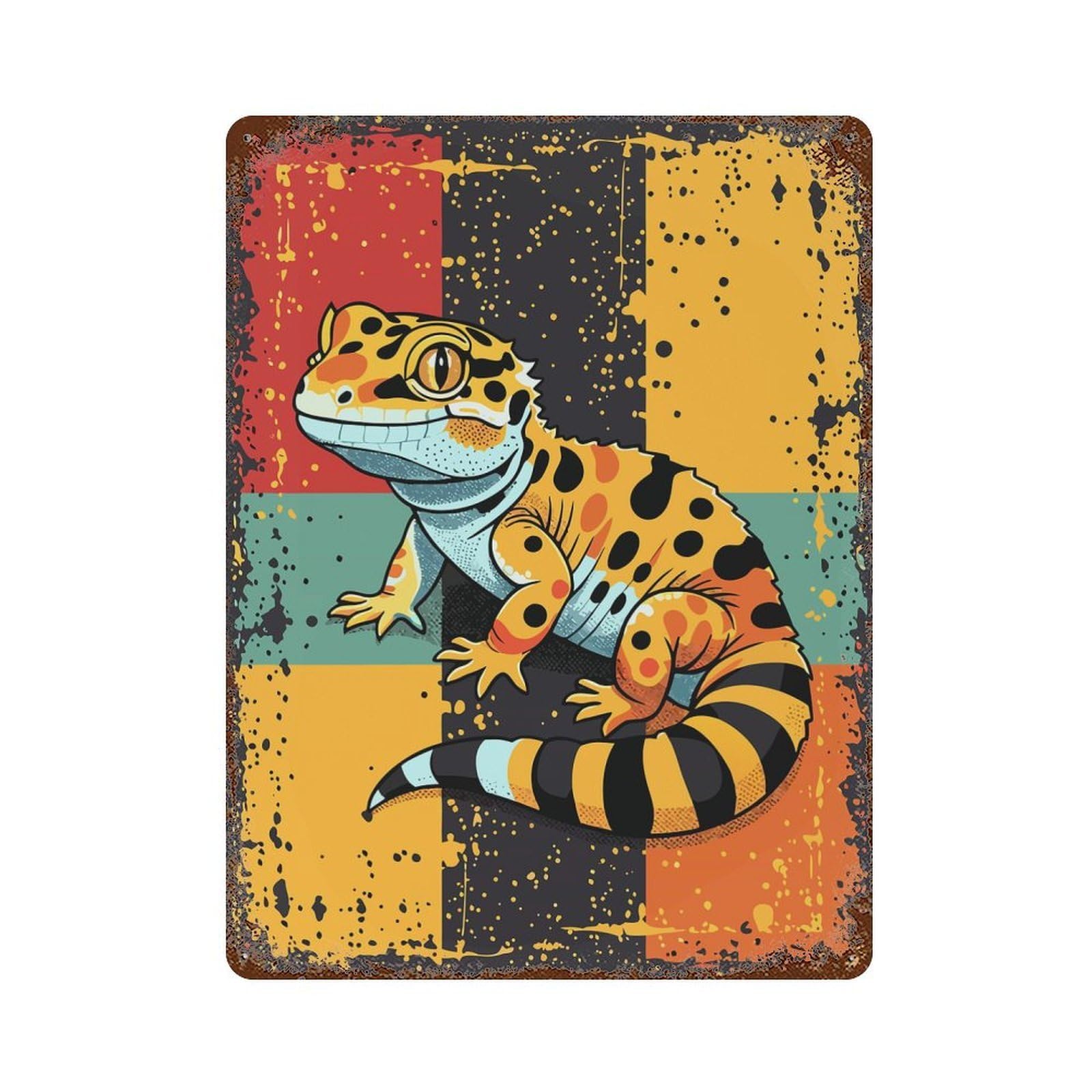 Cartoon Gecko with Retro Background 15.7"x11.8" Rustic Tin Plaque, Industrial Home Decor for Farmhouse, Kitchen And Entryway Decor