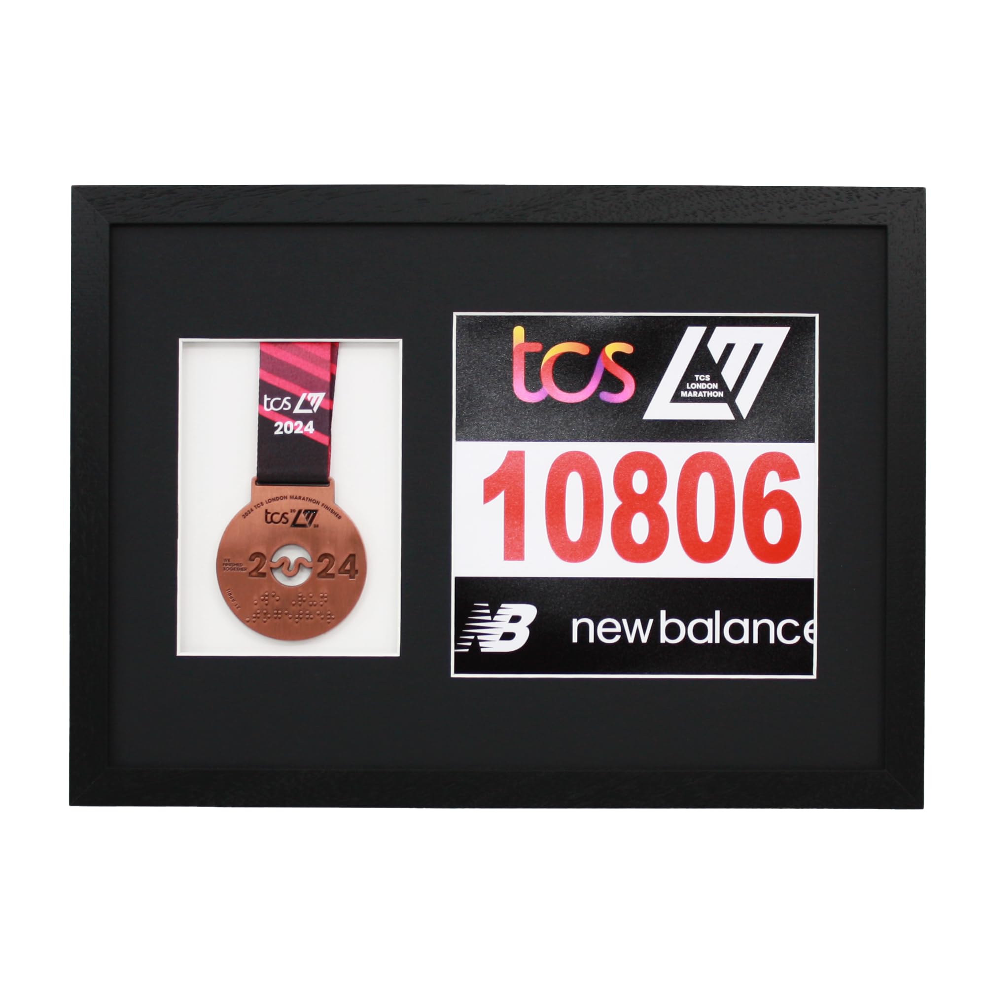 Marathon Medal Display Frame. Designed to showcase a running medal and a 20x20cm sized race number (Black Frame - Black Mount)