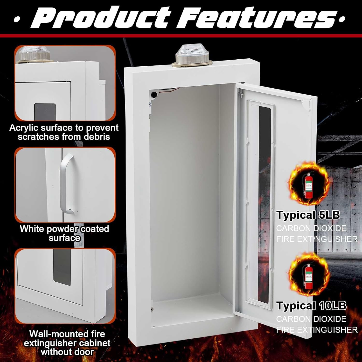 Zonon 10lb Recessed Fire Extinguisher Cabinet with Alarm, White Steel Wall-Mounted Safety Box, Magnetic Door & Clear Window for 2.5/5/10 lb Fire Extinguishers(Narrow Bezel)
