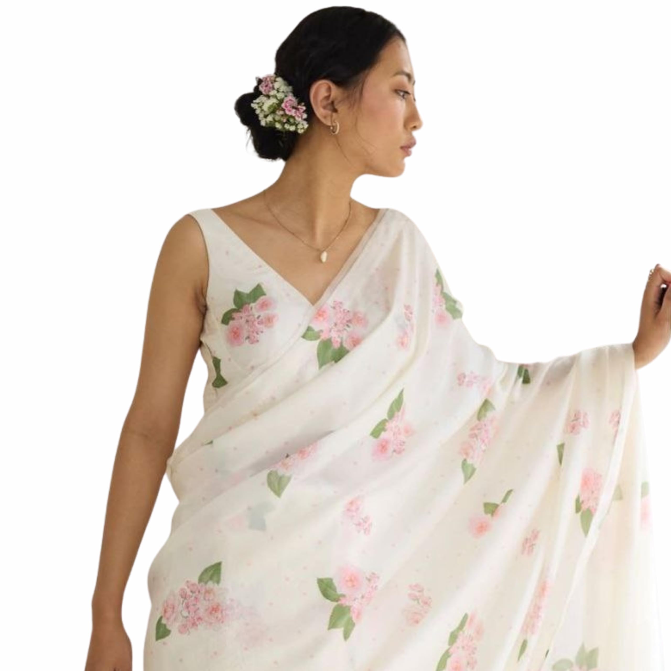 White Pink Minimal Floral Cotton Linen Saree for Women-image-27