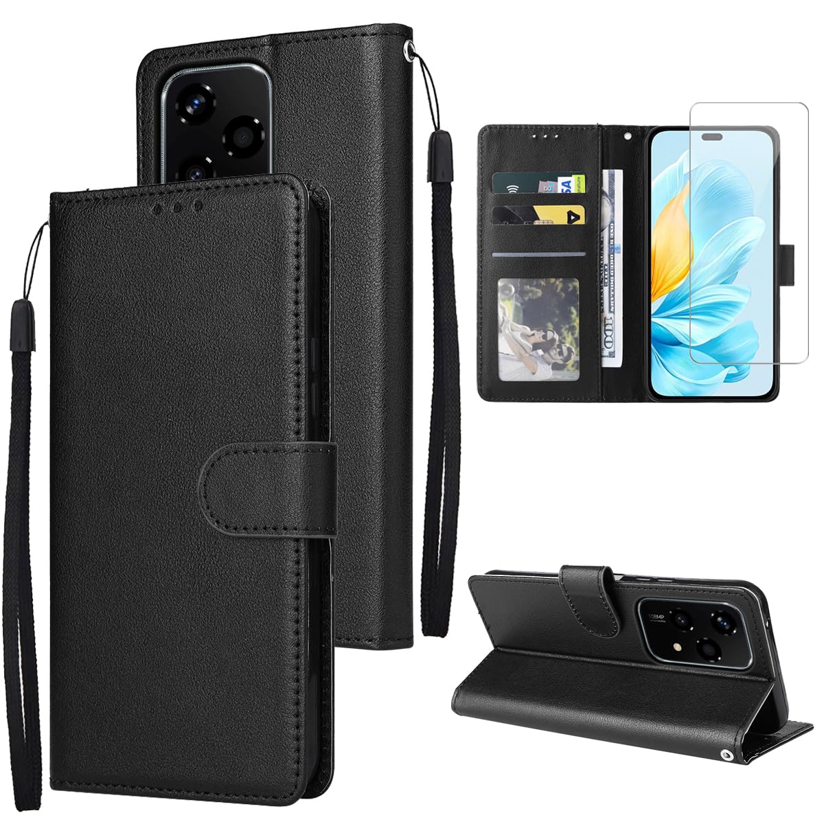 Custodia Portafoglio A Libro Con Magnetica + Pellicola Vetro Temperato 9H Per HONOR 200 LITE 5G