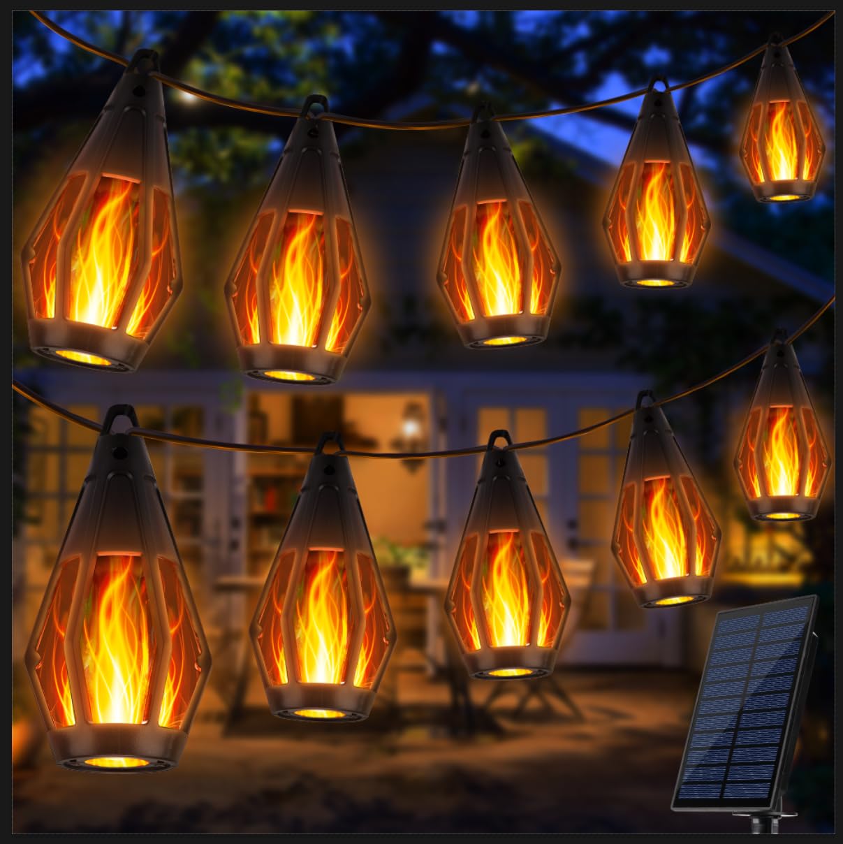 Joomer Guirnaldas Luces Exterior Solar, 12.3m 15 LED Luces Solares para Exteriores con Efecto de Llama, IP65 Impermeables Cadena de Luces para Jardin Patio Boda Festival Pergola Decorativas