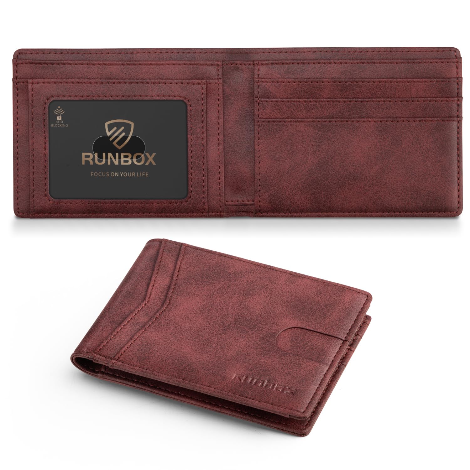 RUNBOX Wallet for Men Slim Leather Bifold RFID Blocking Minimalist Front Pocket Design with Gift Box