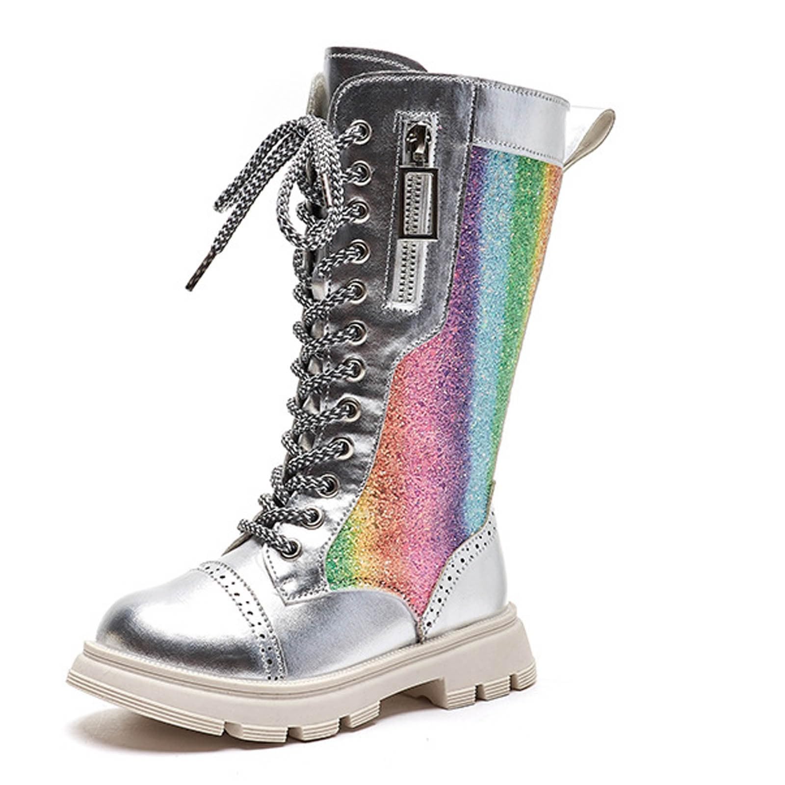 Regenbogenfarbene Pailletten Stiefel für Mädchen Schnürung Boot