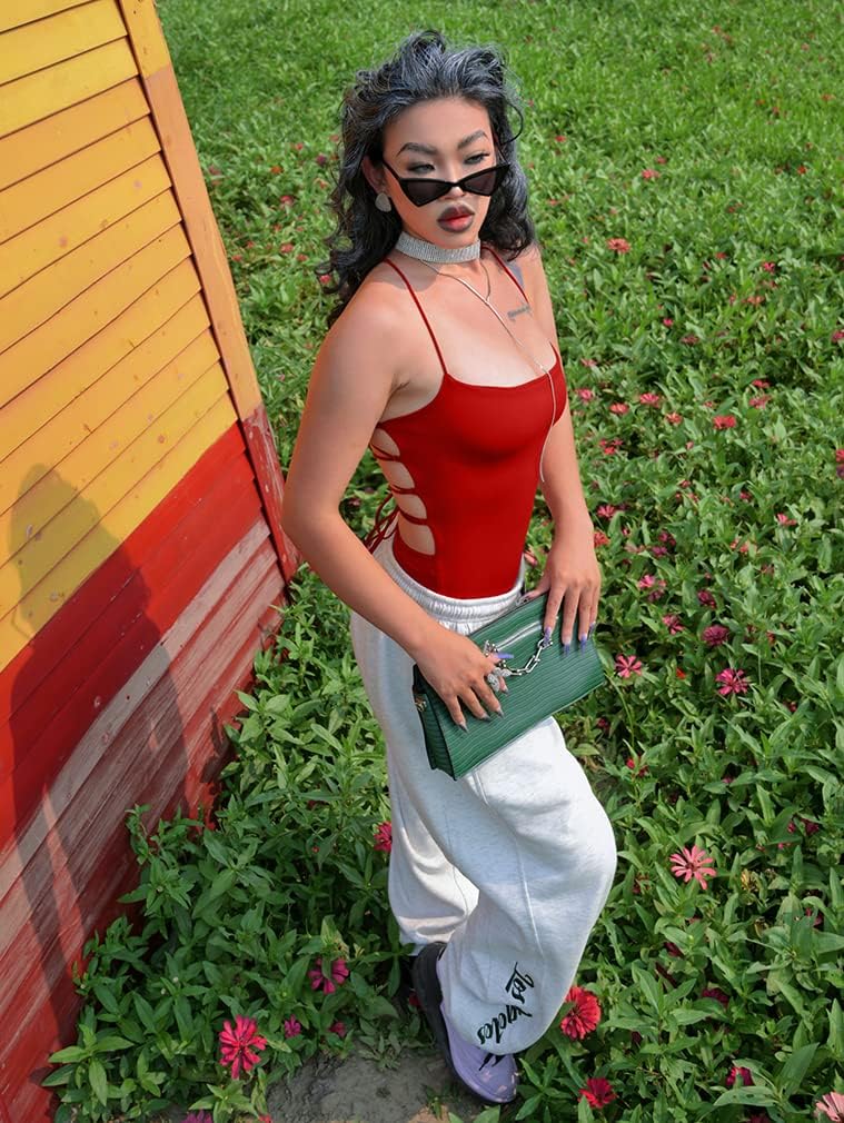 YMDUCH Women's Sexy Sleeveless Criss Cross Backless Cami Bodycon Bodysuit Tops - Image 9