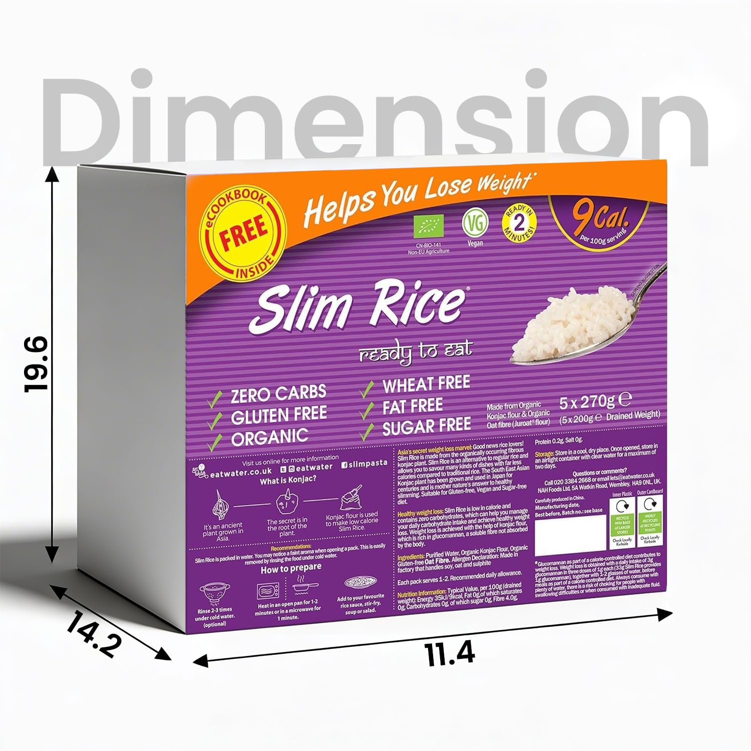 Eat Water Slim Rice 270g Enviro Confezione da 5 - Prodotto con farina Konjac biologica, dieta Keto Paleo e alimenti vegani, dieta a basso contenuto di carboidrati e ipocalorica | Cibo senza zuccheri