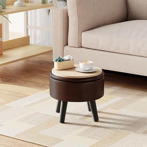 Miniatura 9 de Taburete otomano pequeño con almacenamiento, reposapiés otomano de piel sintética para sofá, reposapiés redondo para sala de estar (marrón) Marrón