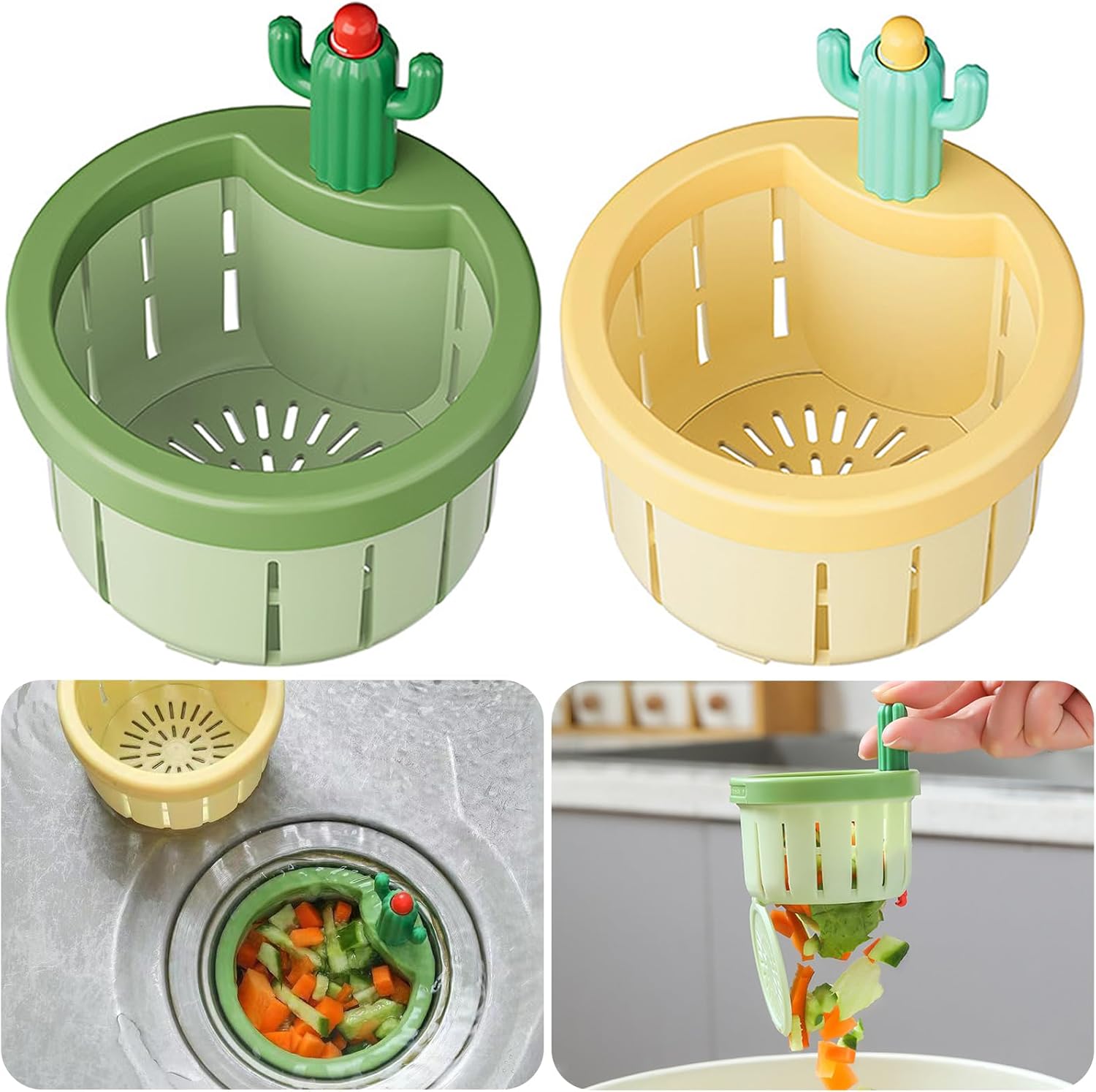 2Pcs Cactus Kitchen Sink Drain Strainer, Cactus Sink Filter Sink Strainer Basket Kitchen Sink Drain Basket Food Catcher Easy Lifting and Automatic Dumping Sink Filter