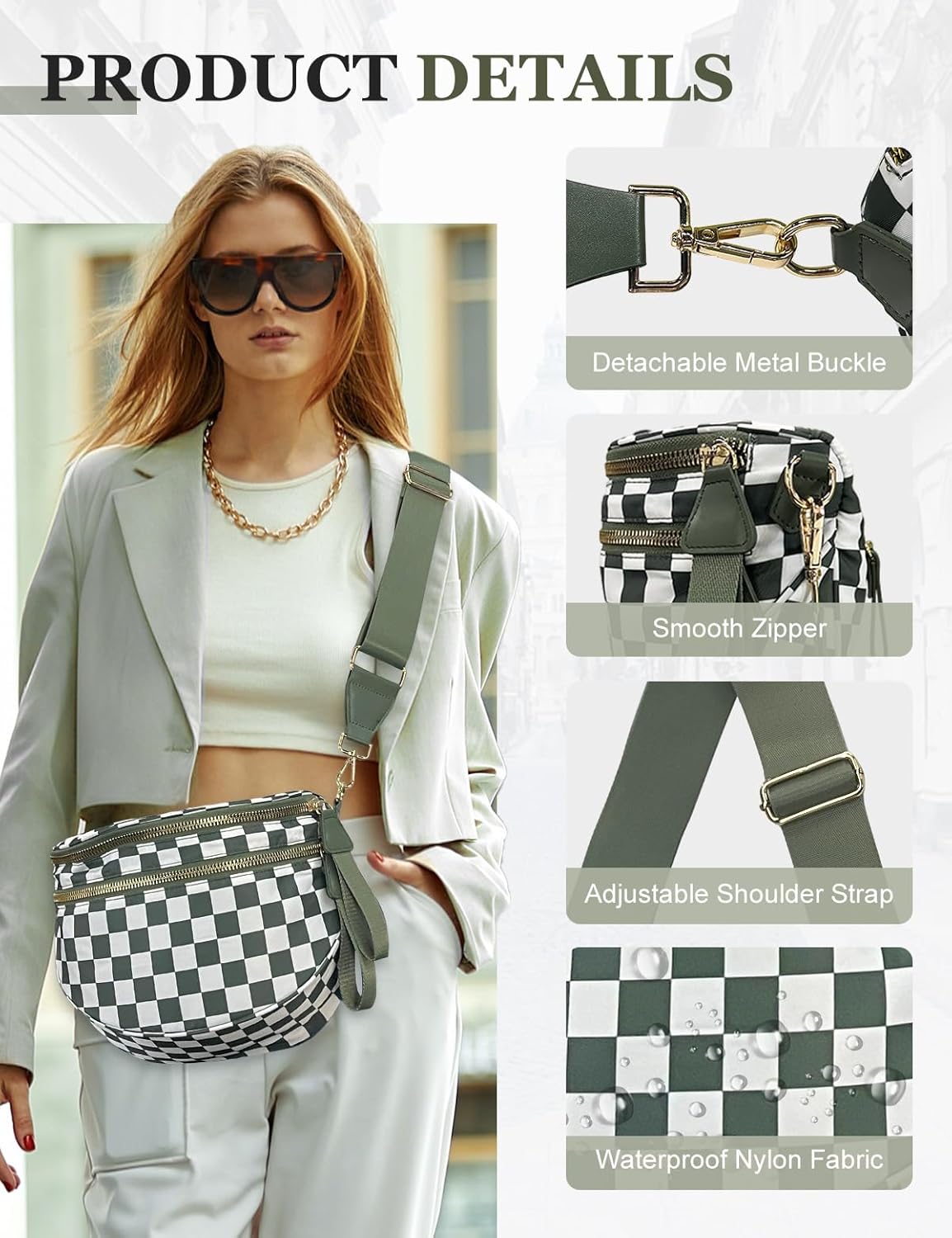 Checkered Nylon Crossbody Bag for Women, Spacious Checkered Bum Bag Purse Shoulder Bag Sling Bag with Shoulder Strap - Image 3