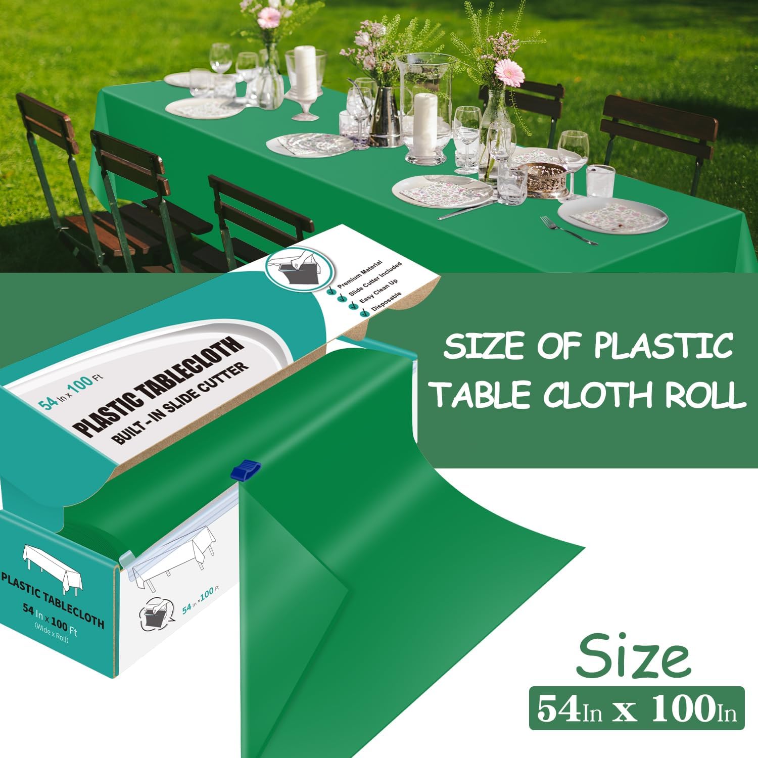 54" X 100' Plastic Tablecloth Roll Green Disposable Plastic Table Cover with Cutter Box, Disposable Table Cloth for Parties - Image 2