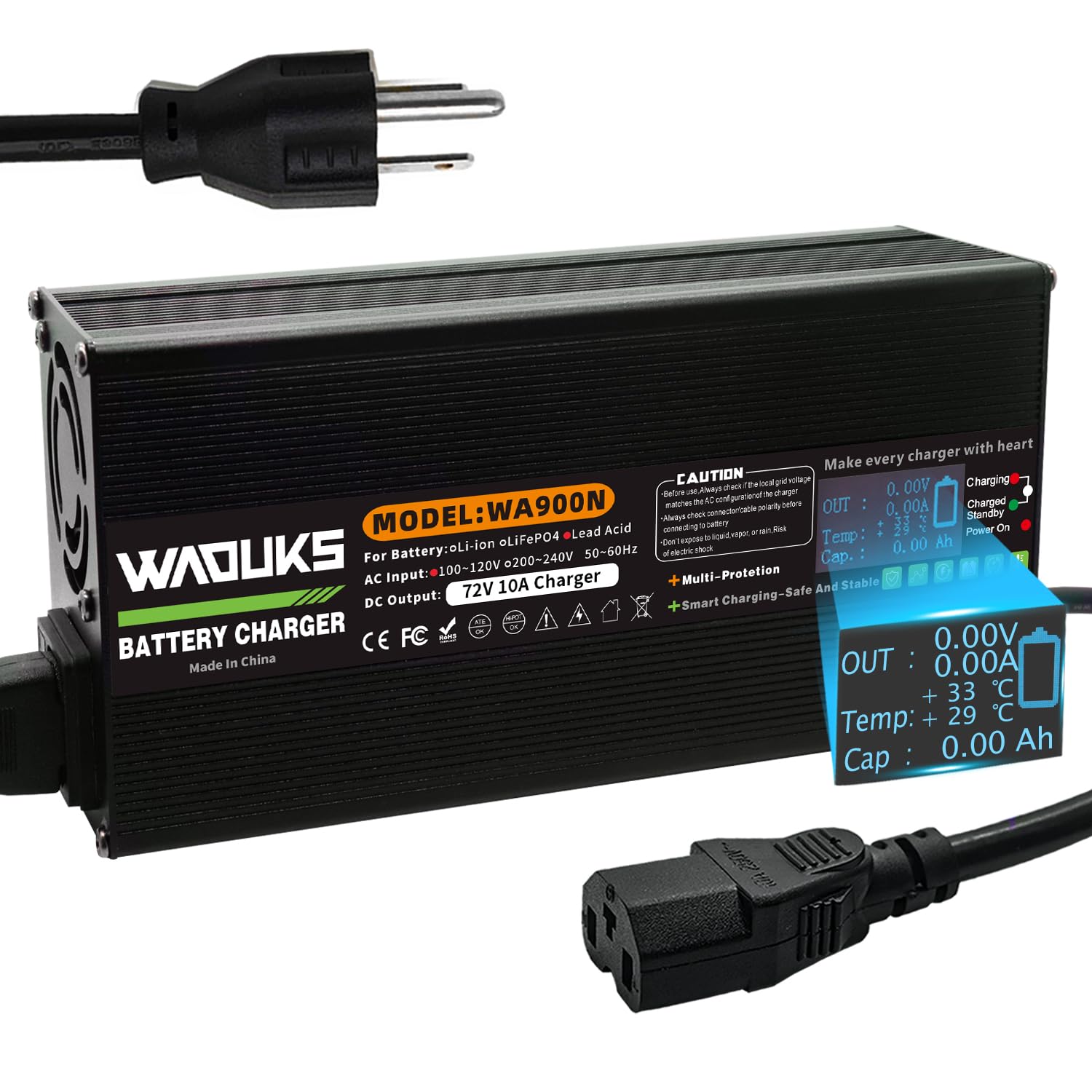 WAOUKS 72V 10A Lead Acid AGM Gel VRLA OPZV Battery Charger Used for 72V Lead Acid Battery with C13 N+L- Output Connector