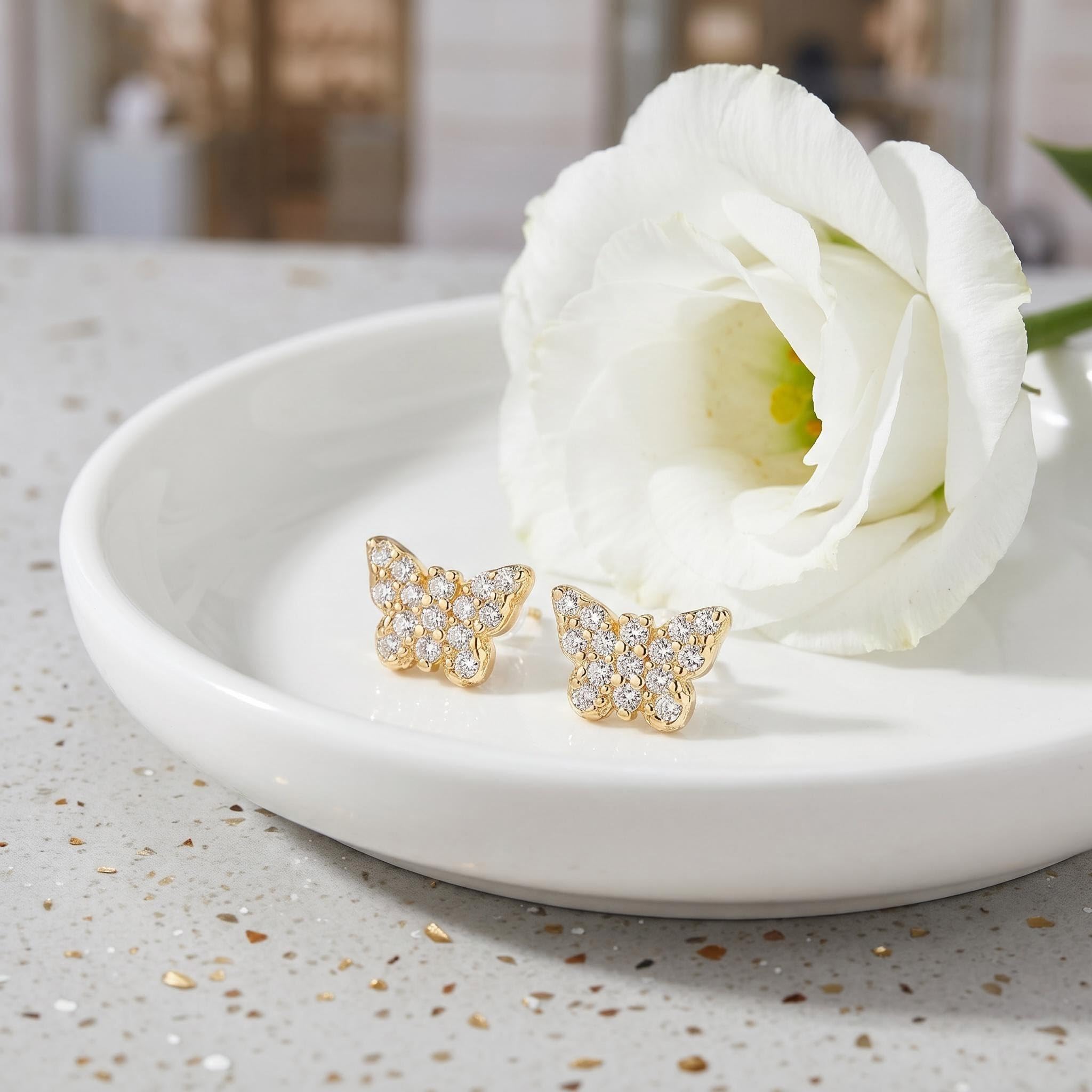 14K Gold Plated Butterfly Stud Earrings for Women Small Hypoallergenic Cubic Zirconia Earrings Trendy Dainty Cute Screw Back Ear Studs Minimalist Everyday Wear