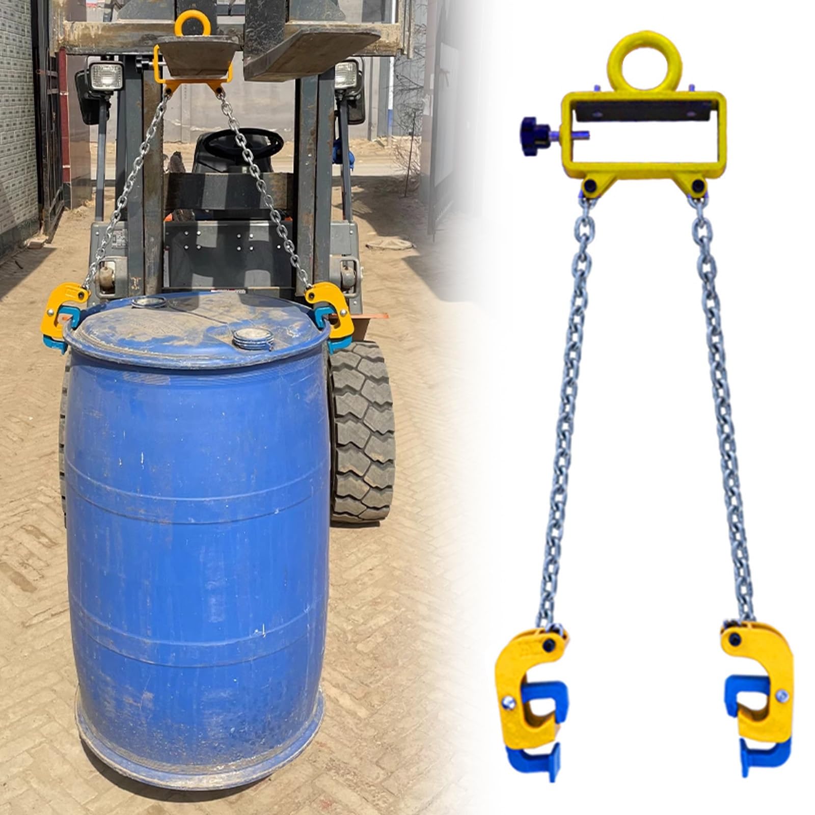 Abrazaderas de Elevación Pinza Para Bidones De Acero, Elevador De Bidones Con Grúa Y Cadena De Acero Al Carbono Y Gancho Ancho, Pinza Para Bidones De Metal/Plástico Para Taller(2 Chains - load 1t)
