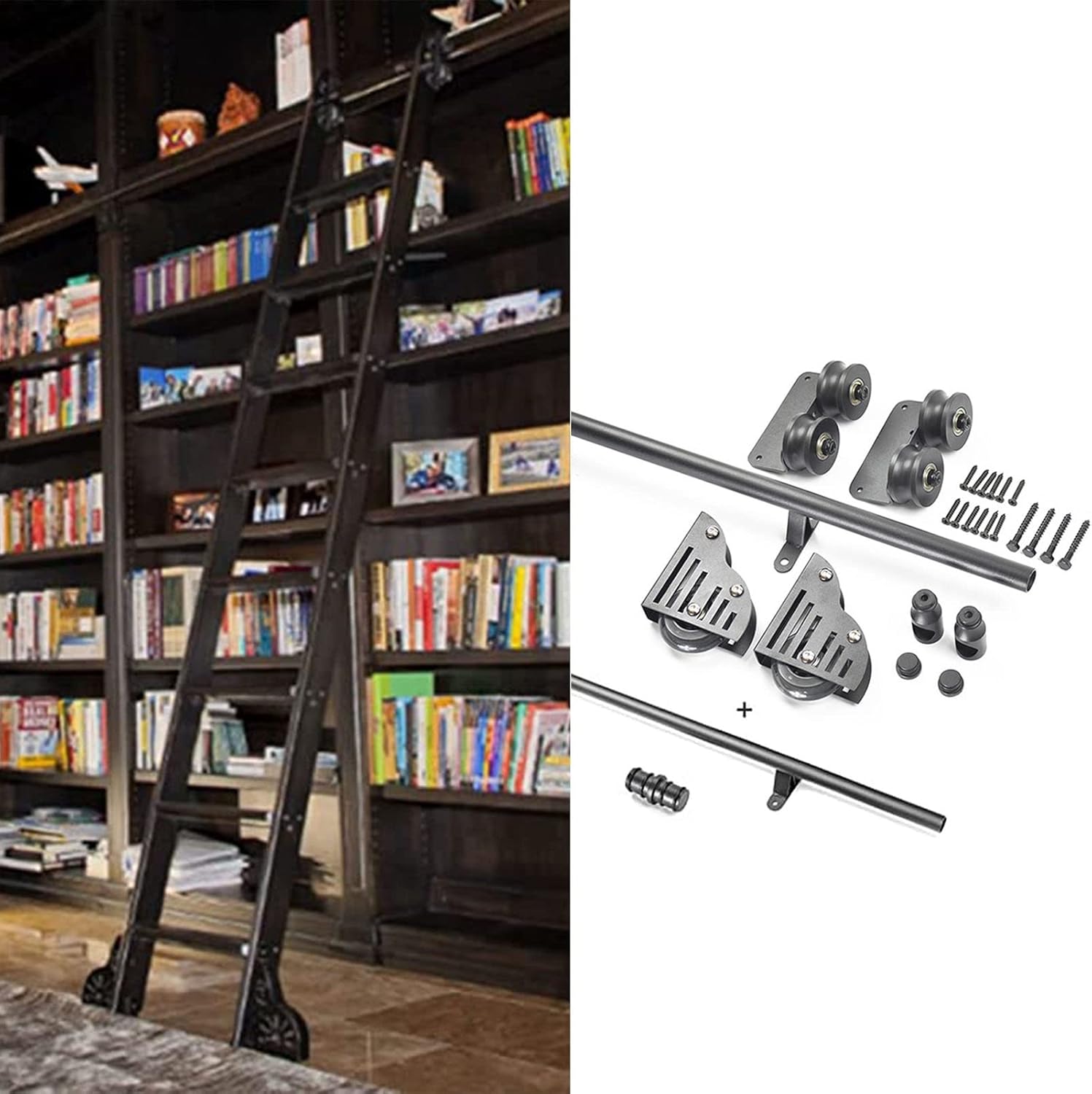 Library Sliding Ladder Hardware Kit 3.3ft-20ft, Rolling Ladder Rails， Black Steel Round Tube Mobile Ladder Tracks with Floor Roller Wheels - No Ladder (Size : 3.3ft/100cm Track Ki