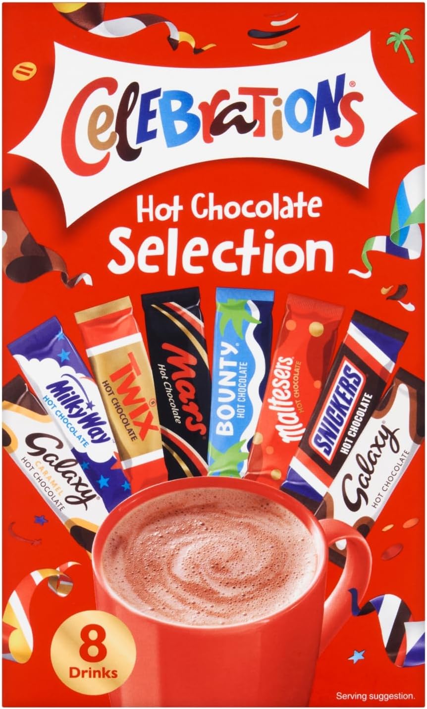 CelEBraTioNs Hot Chocolate Selection 8 x 25g. Falvours inc. Galaxy Caramel, Galaxy, Snickers, Maltesers Mars, Twix, MilikyWay. Imported from UK/Britain/England. 8 of your favourite candy bars in Hot Chocolate flavours