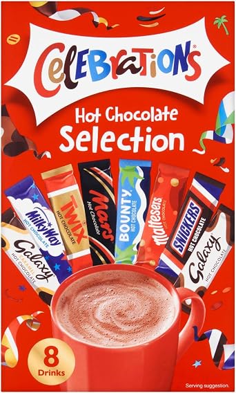 Celebrations Hot Chocolate Sachets 25g x 8 | Hot Chocolate Gift Set Featuring Galaxy, MilkyWay, Twix, Mars, Bounty, Maltesers, Snickers and Galaxy Caramel Pack of 1