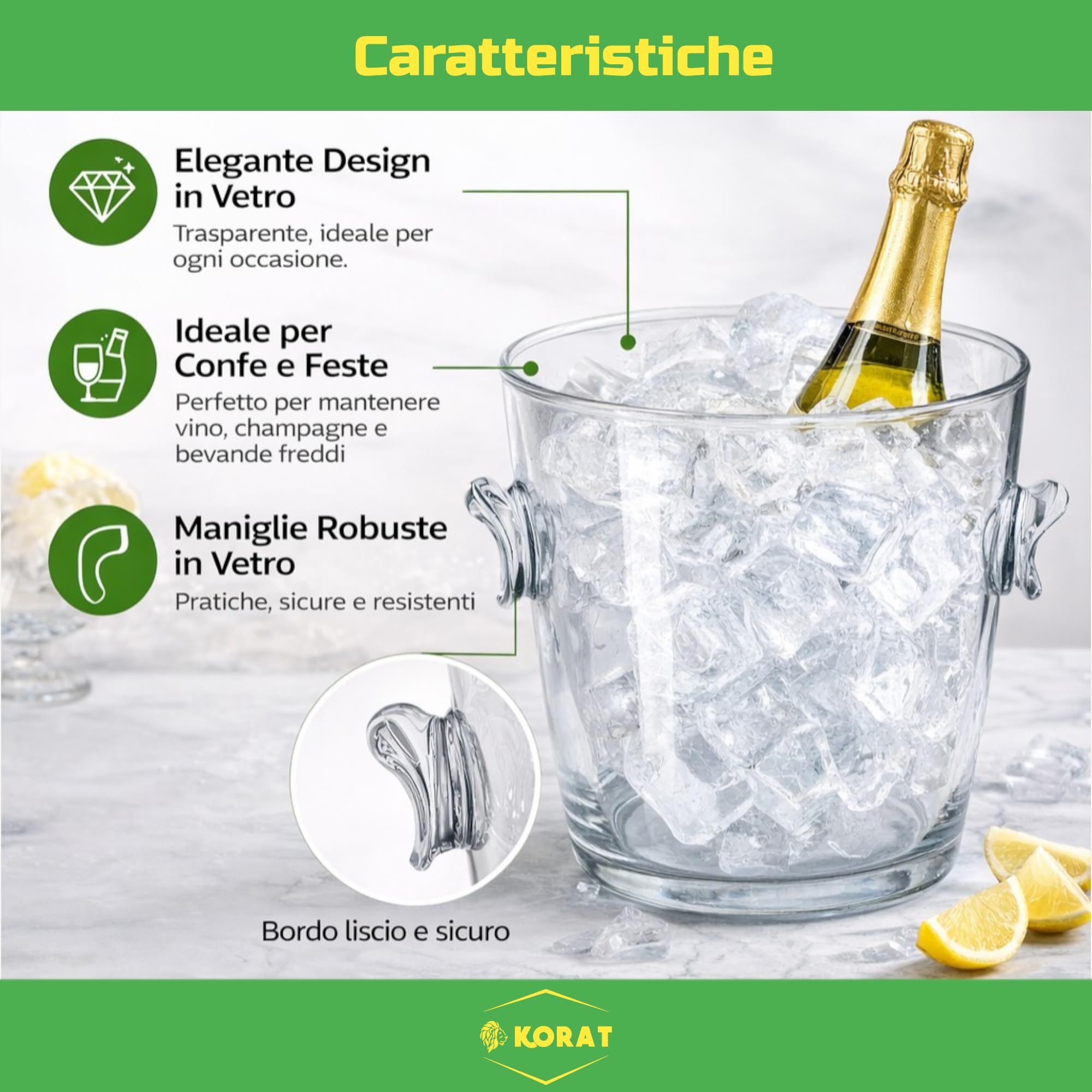 KORAT Secchiello Ghiaccio in Vetro Trasparente con Manici – Porta Bottiglie Champagne e Vino – 3 Dimensioni (Piccolo, Medio, Grande) – Elegante per Feste, Eventi e Casa (Grande - 20x20x25 Cm)