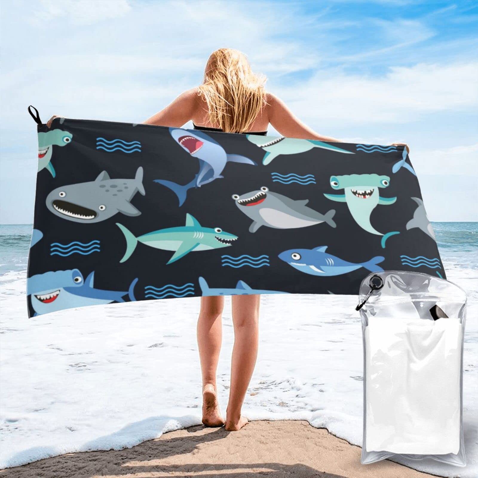 Lawenp Cartoon Sharks Microfiber Beach Towel Adults Large Quick Drying Bath Towel Travel Towels with Pouch 31.5"x63"