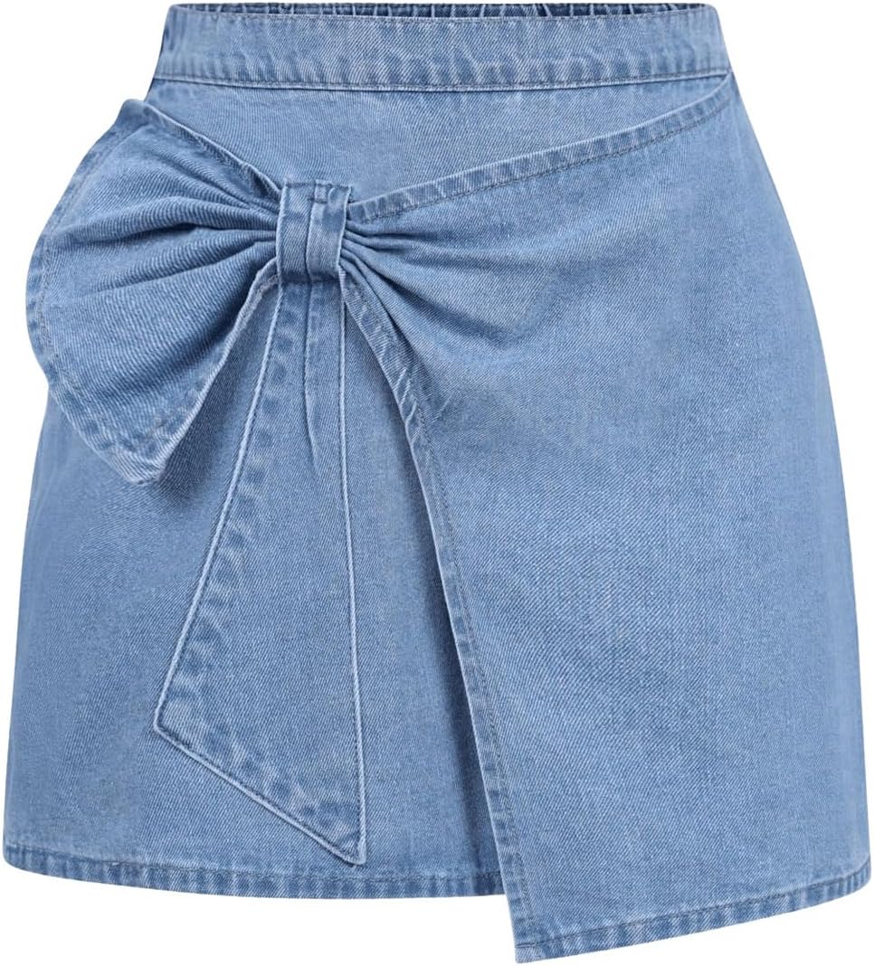 SweatyRocks Girl's Bow Jean Skirts High Waisted Short Denim Skirt with Pockets