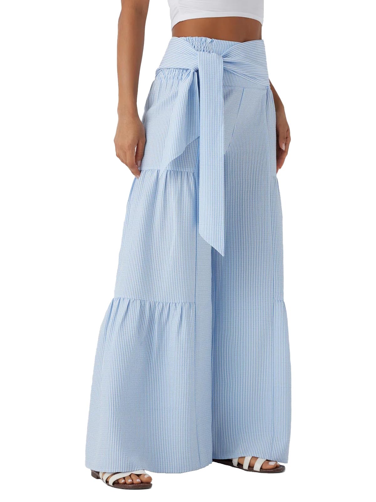 HOULENGS Womens Casual High Waisted Tie Back Striped Pants Lightweight Wide Leg Palazzo Lounge Flowy Long Pants