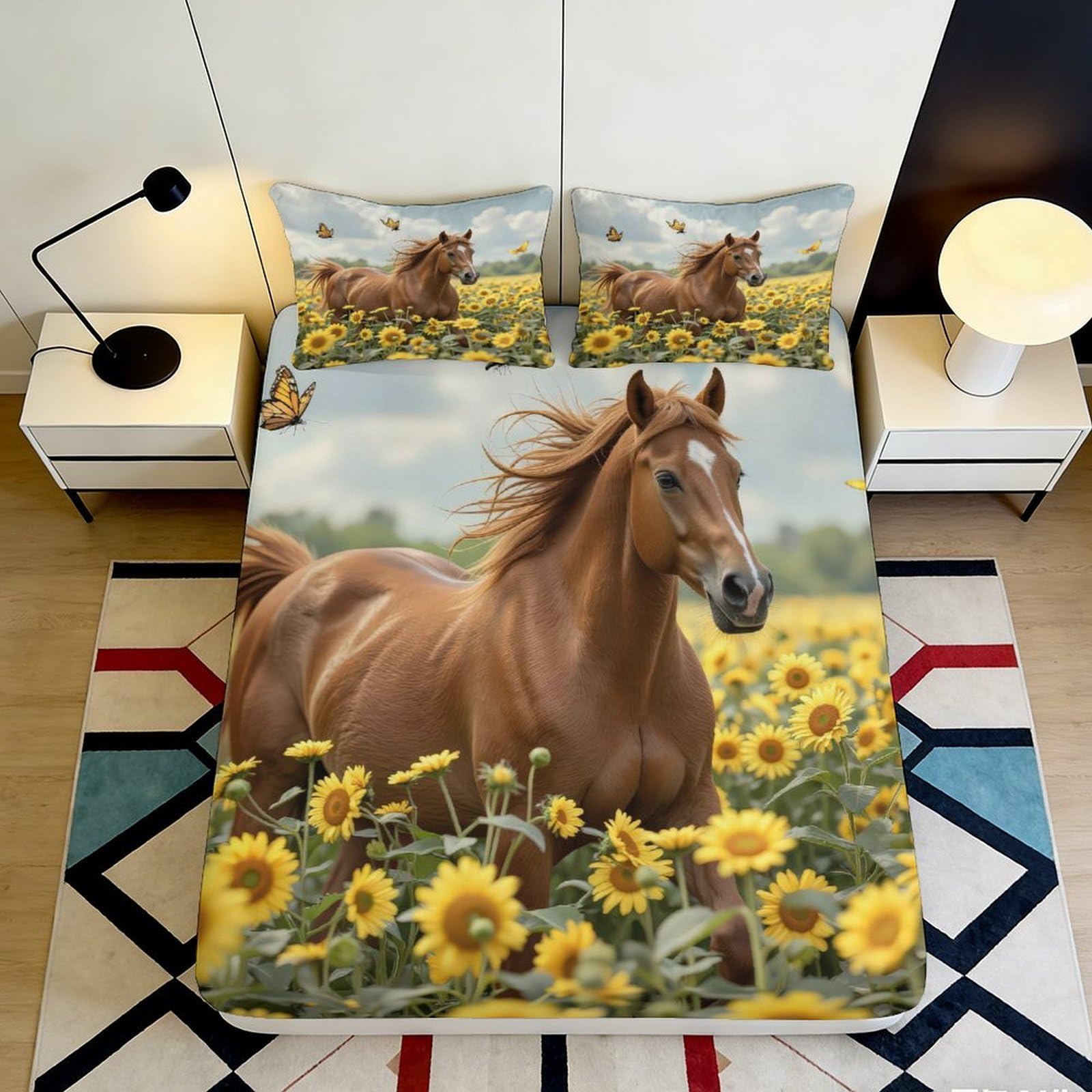 Uynsixtme Style-5 3D Printed Sunflower Horse Pattern Fitted Sheet Microfiber Deep Pocket Non-Slip Bedding Sunflower Horse Mattress Fitted Cover For Adults Teens 90X200x25cm