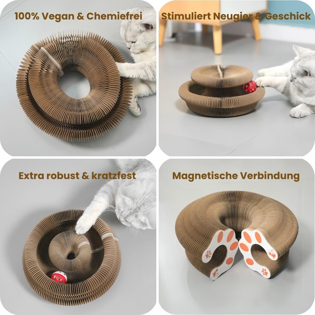 Flexiplay – 2in1 Kratz- und Spielring, Kratzkokon für Katzen mit Ball, Katzenwirbel Katzenliebling, Flexibles Katzenspielzeug für Den Innen und Außenbereich, Lindert Katzenstress(A,3 Stück)
