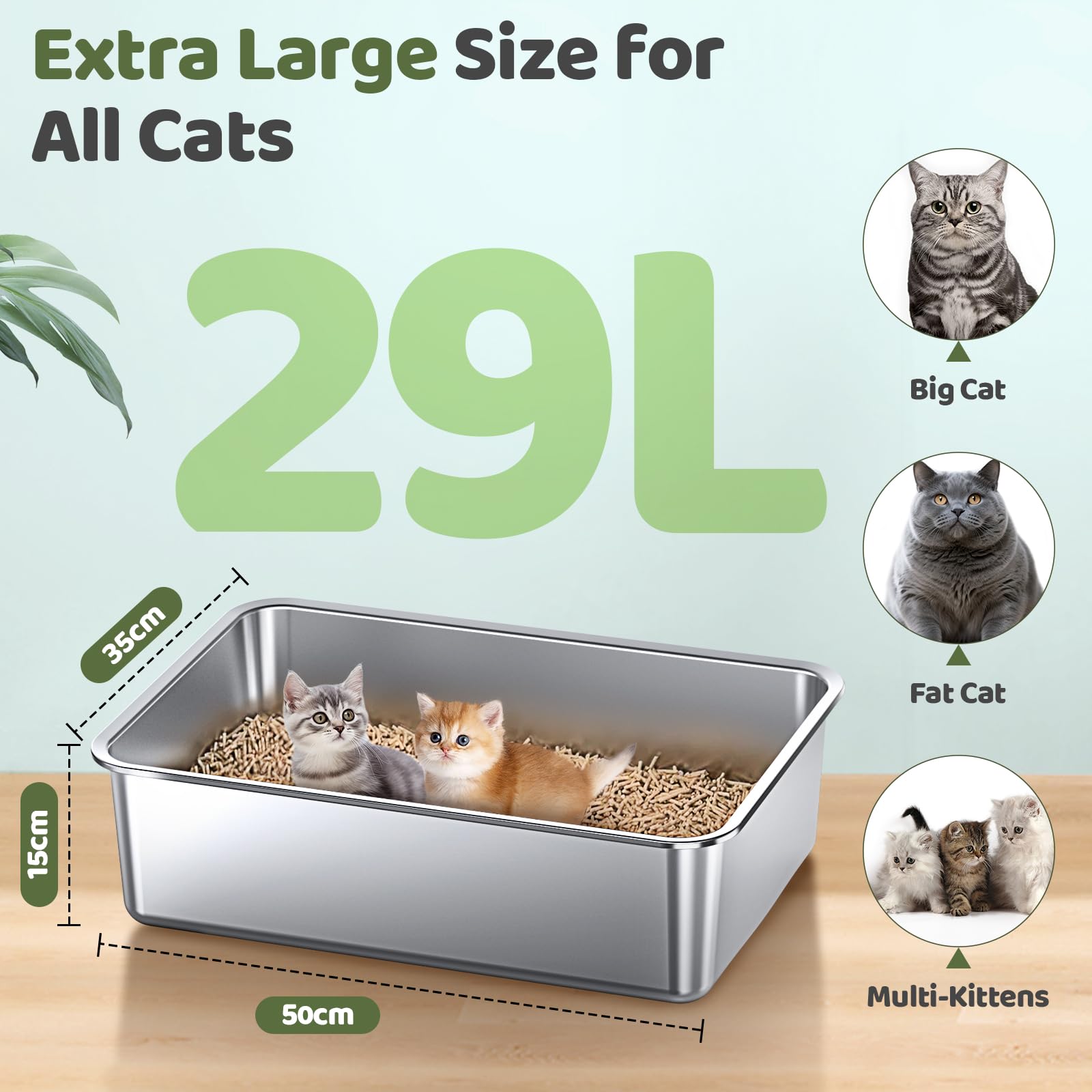 Gimars Lettiera Gatto Inox Extra Large - Lettiere Acciaio Inox Spessa, Facile da Pulire, Bordo Alto, Antiruggine, Non Assorbe Odori, Vassoio in Metallo per Gatti e Conigli