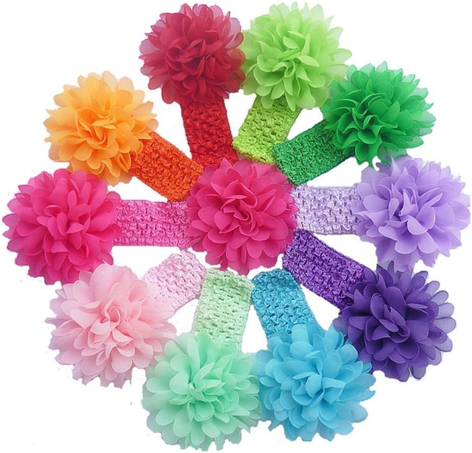 Cuddle Baby Girl's Elastic Headbands with Chiffon Flower Petal (Pack of 10)