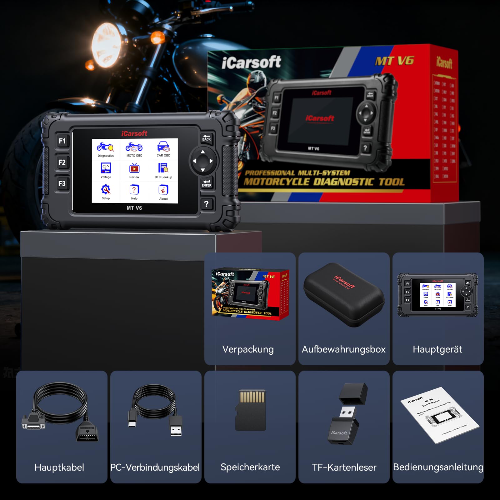 iCarsoft MT V6 Motorrad Diagnosegerät für Triumph, OBD2 Diagnosewerkzeuge für Motorräder mit Komplettsystem Auslesegerät 53 Service 55 Bidirektionaler Test AutoVIN Batterietest Lebenslange Updates